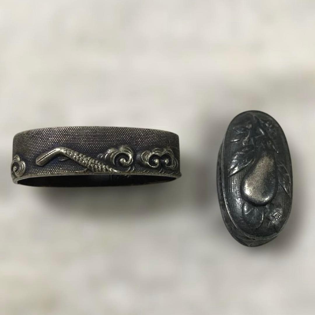 Antique Japanese Fuchi Kashira Edo Period Silver Zogan Inlay Sword Fittings Antique Japanese Fuchi Kashira Edo Period Silver Zogan Inlay Sword Fittings