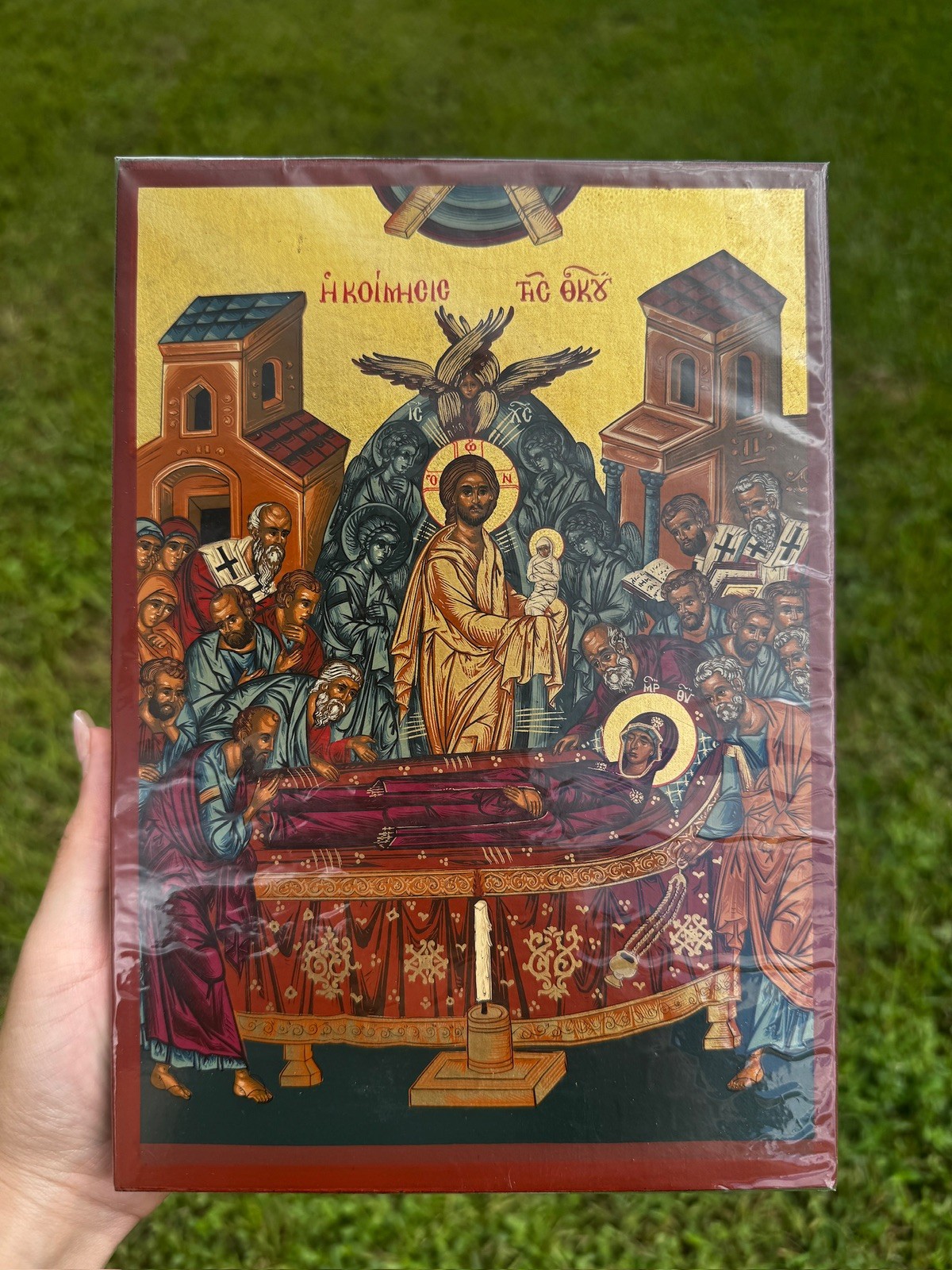 Dormition of the Theotokos Orthodox Icon Flat Wood 18kt Gold Leaf