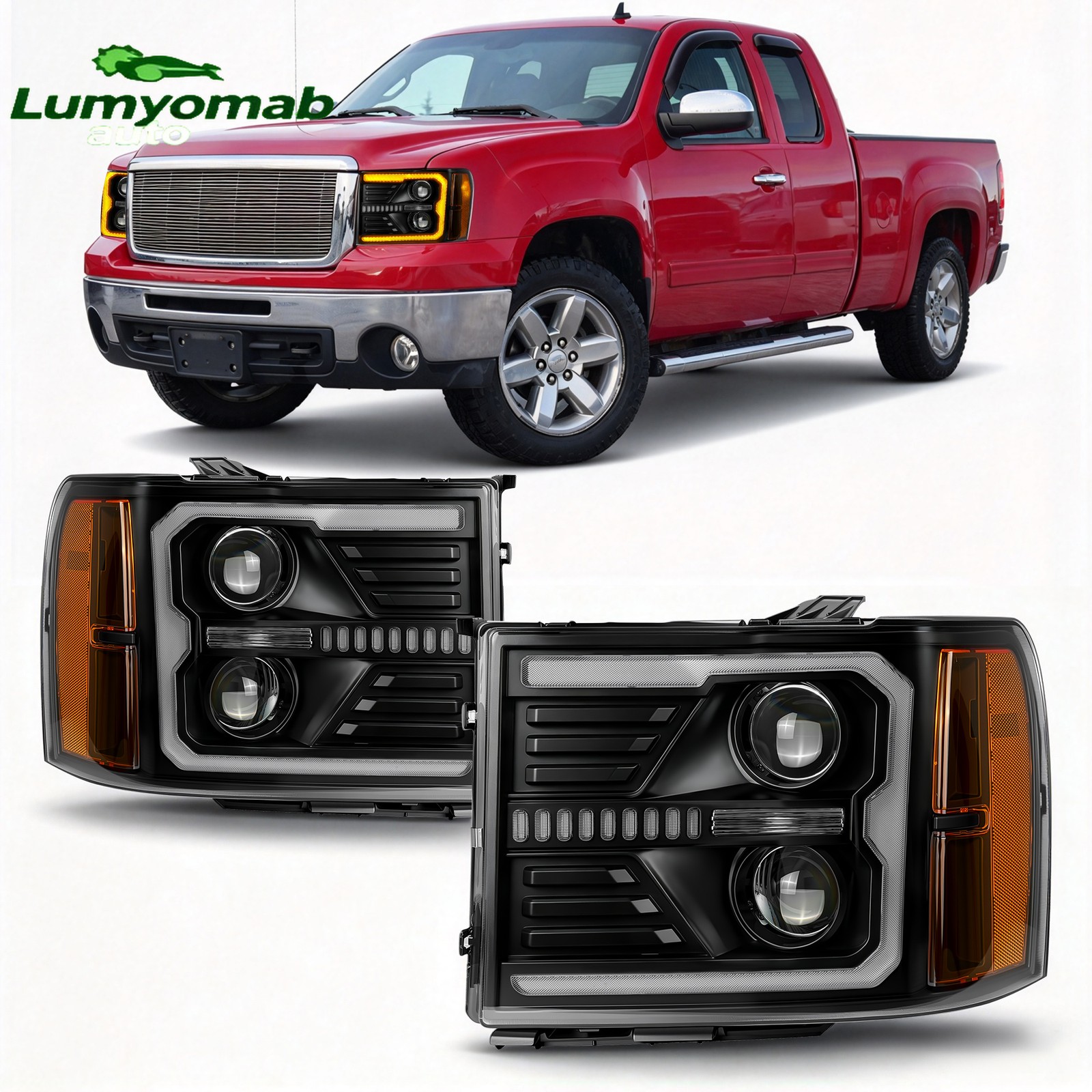 Pair LED Headlights DRL For 2007-2013 GMC Sierra 1500 2500HD 3500HD Black RH&LH