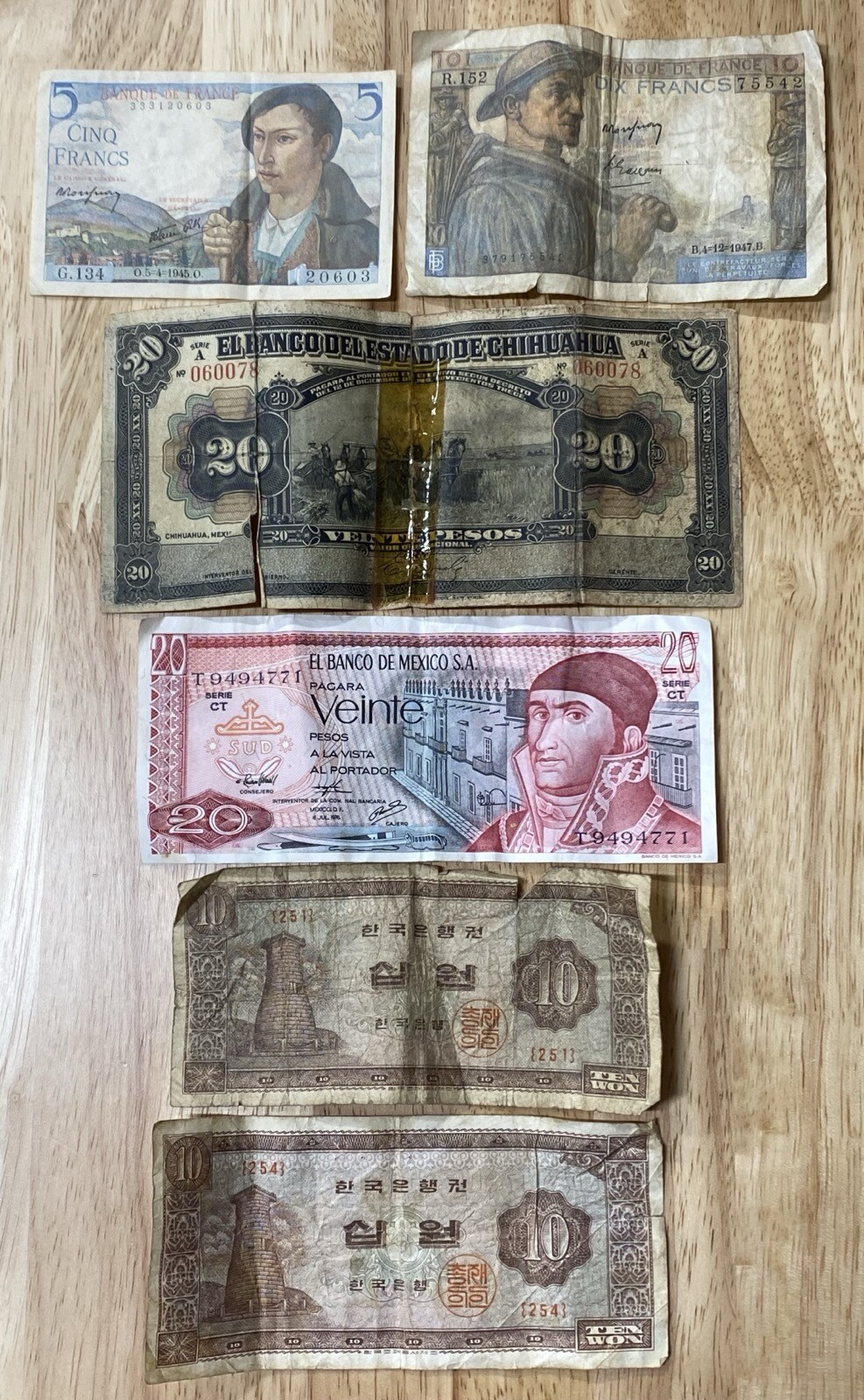 6 Note Lot World Paper Money Currency France, Mexico, Korea - Neat Group