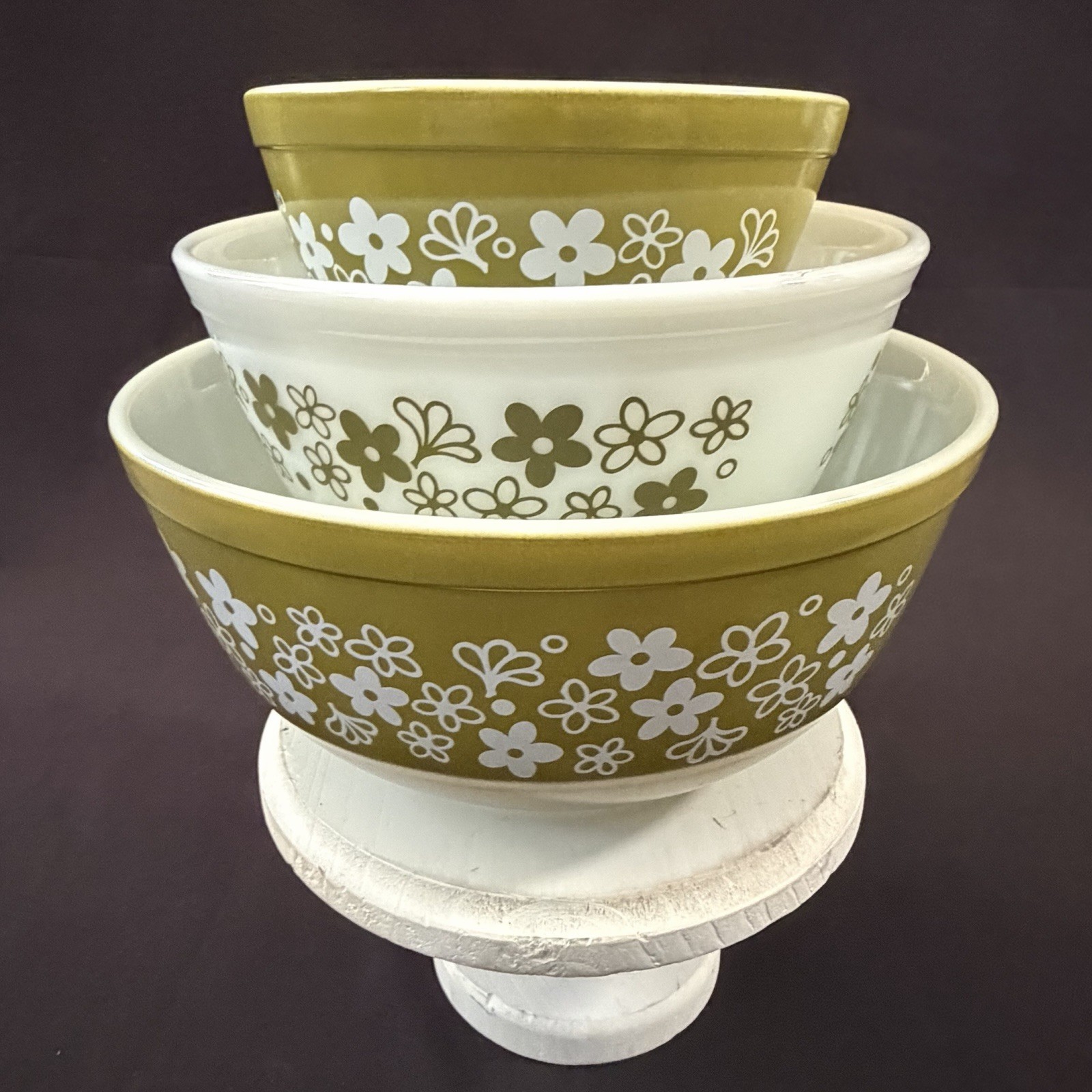 1975 PYREX Spring Blossom Green 300-1 3-Pc Mixing Bowl Original Box Warranty