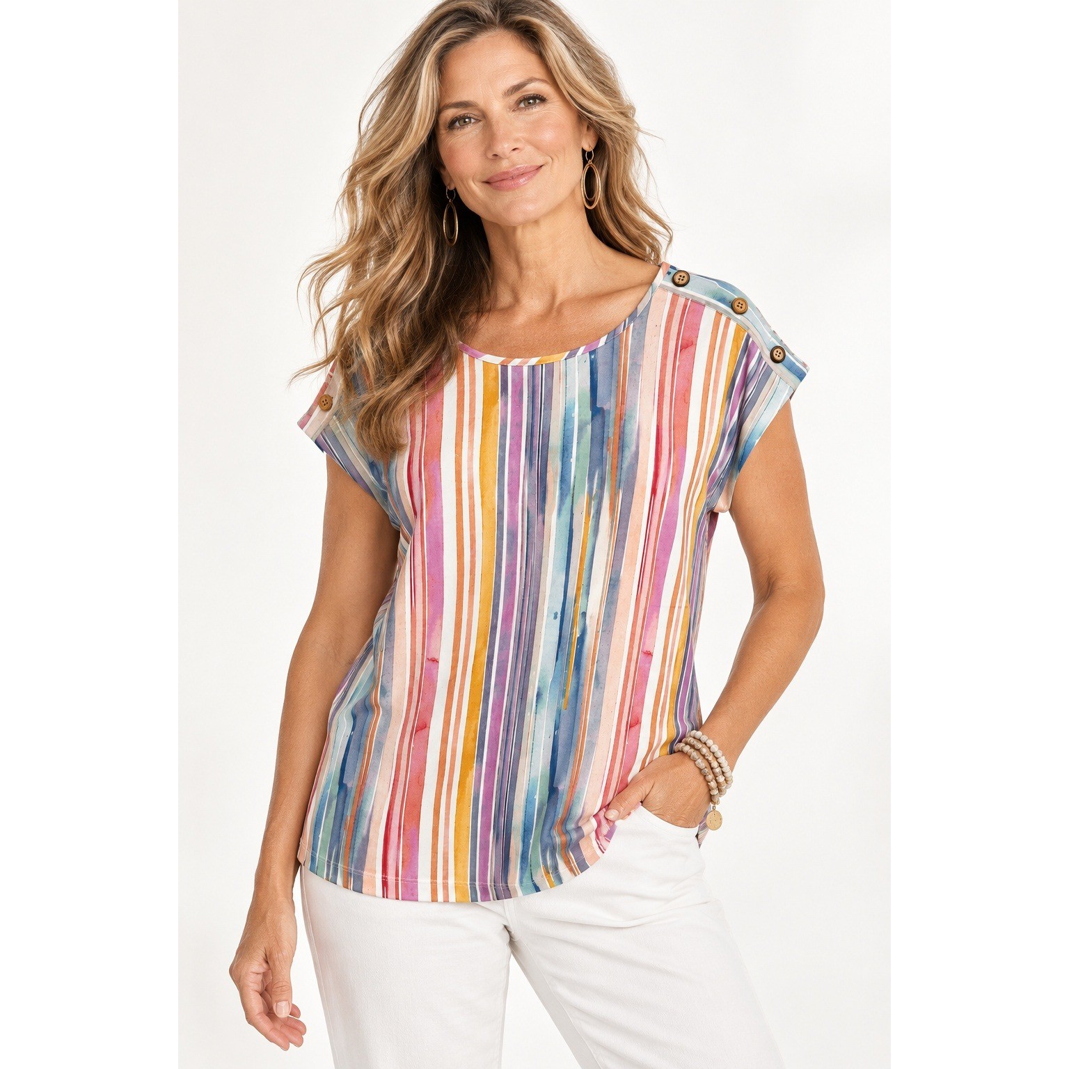 Soft Surroundings Eudora Button Tee Multi Water Stripe Top 2GW24 Medium NWOT