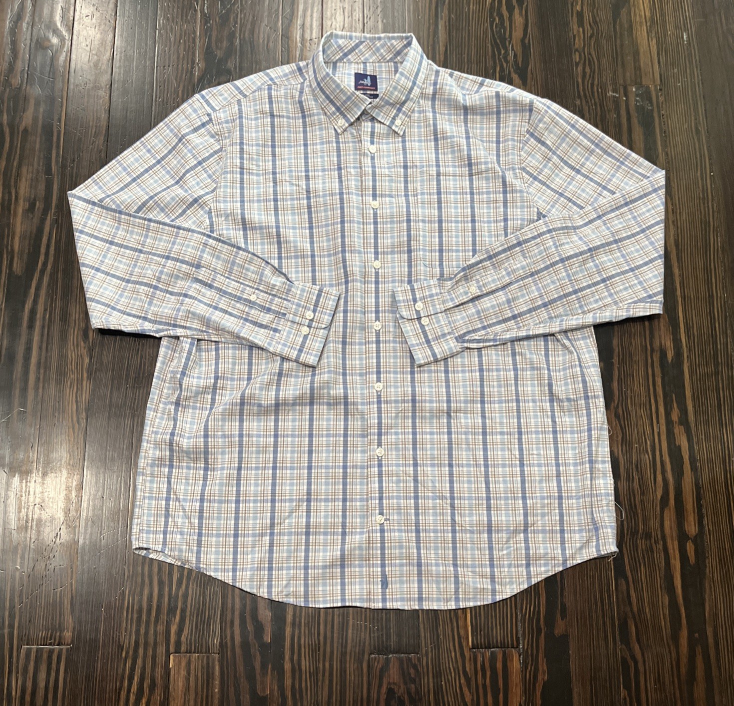 Johnnie O Prep Formance Button Down Shirt Men’s XL Plaid Blue Brown Nylon Poly