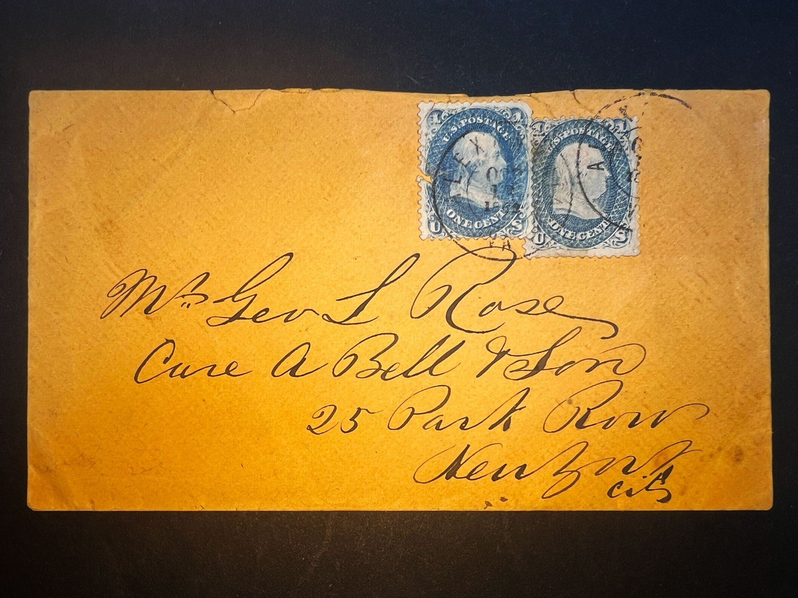 1862 Cover addressed to 25 Park Row, NY, with two US #63 stamps 1862 Cover addressed to 25 Park Row, NY, with two US #63 stamps