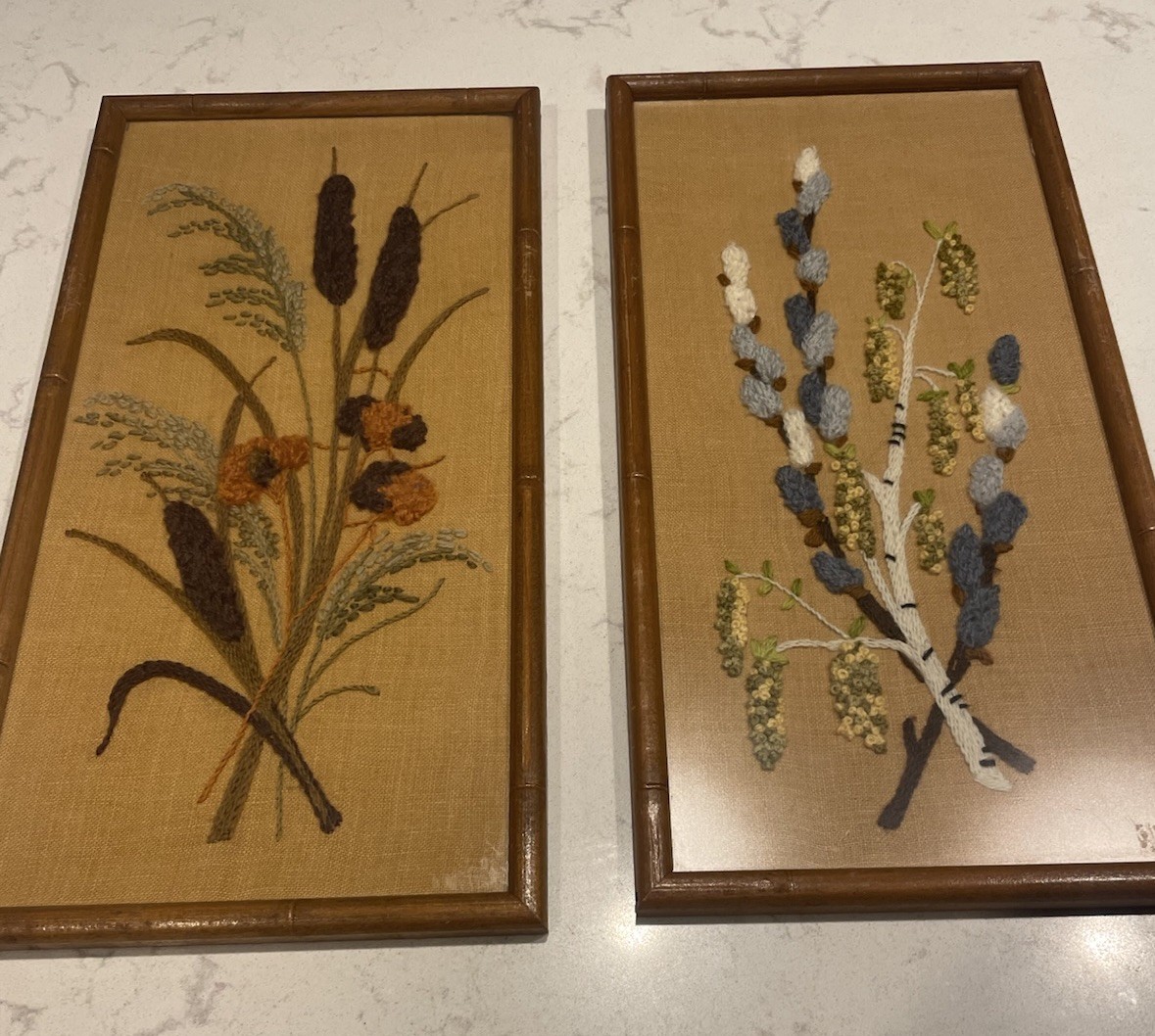 Vintage MCM Crewel Embroidery Finished Framed Pussy Willows and Cattails Set Vintage MCM Crewel Embroidery Finished Framed Pussy Willows and Cattails Set