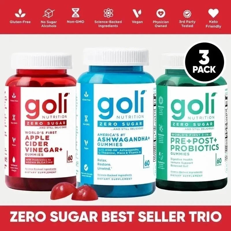 3 Bottles Goli Zero Sugar Best Seller Trio Set Gummies, 60 Counts Per Bottle 3 Bottles Goli Zero Sugar Best Seller Trio Set Gummies, 60 Counts Per Bottle