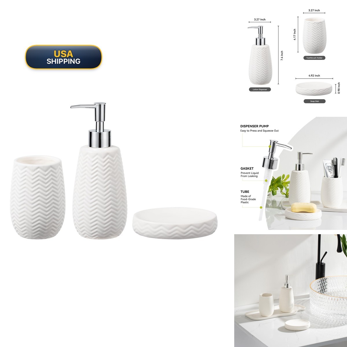 Modern Farmhouse White Ceramic Bathroom Accessory Set Modern Farmhouse White Ceramic Bathroom Accessory Set