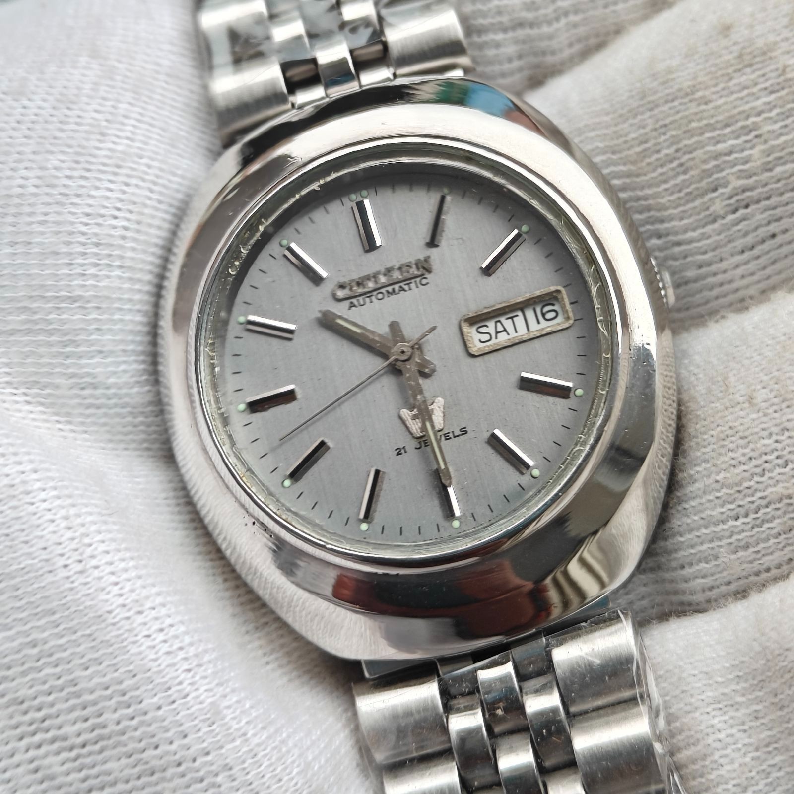 Vintage Citizen Automatic 21 Jewels Men\'s Watch Silver Dial Day Date Steel