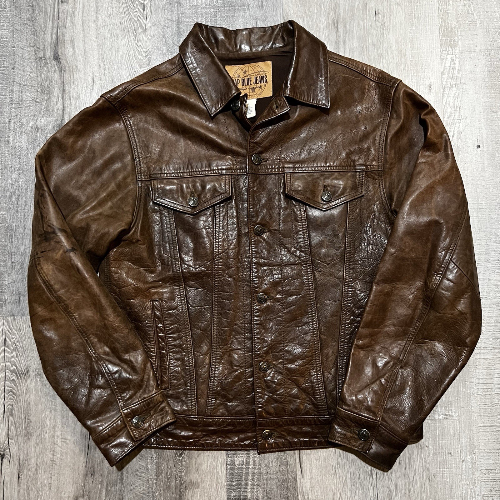 Vintage Gap Blue Jeans 90s Y2K Brown Leather Trucker Jacket Men’s Small 4 Pocket Vintage Gap Blue Jeans 90s Y2K Brown Leather Trucker Jacket Men’s Small 4 Pocket