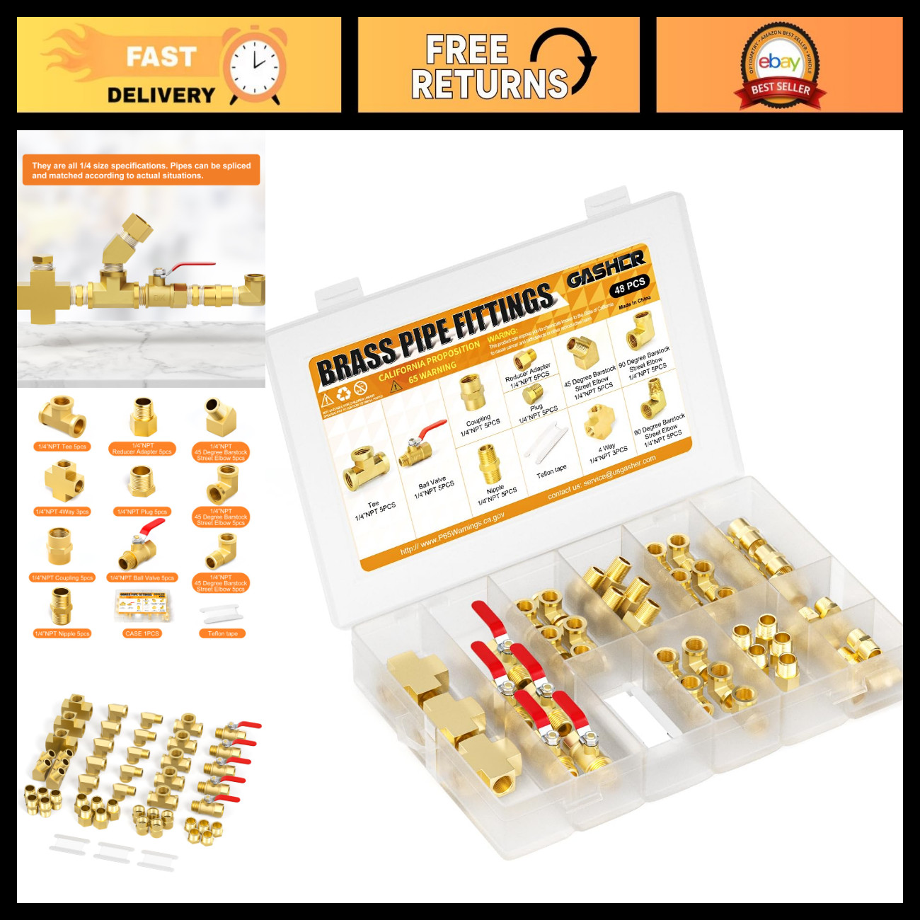48PCS Brass Pipe Fittings Kit - 1/4 48PCS Brass Pipe Fittings Kit - 1/4