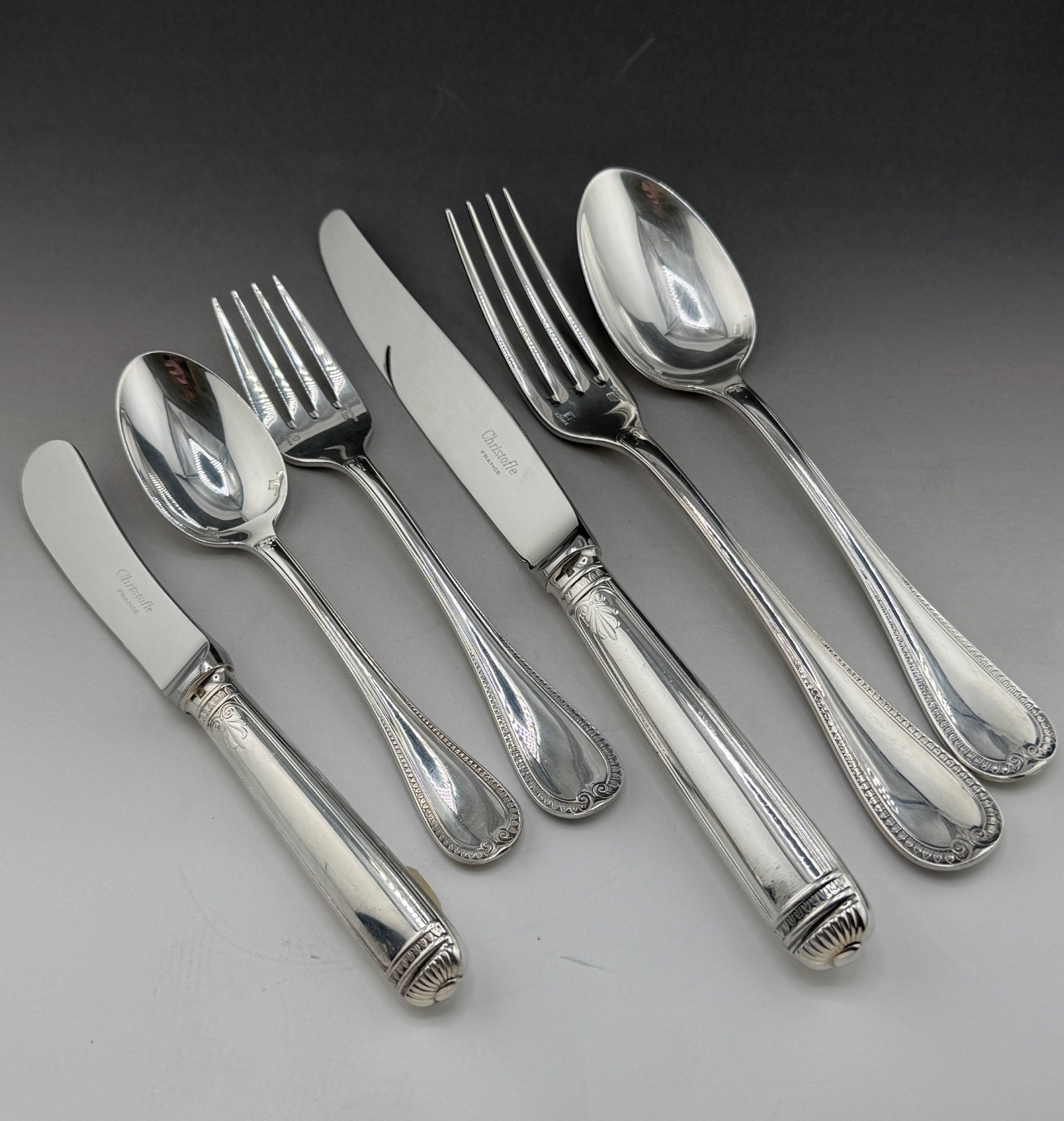 Malmaison Christofle Silver Plated 6 Pc Setting Knife,Fork,Salad,Tsp,Soup,Butter