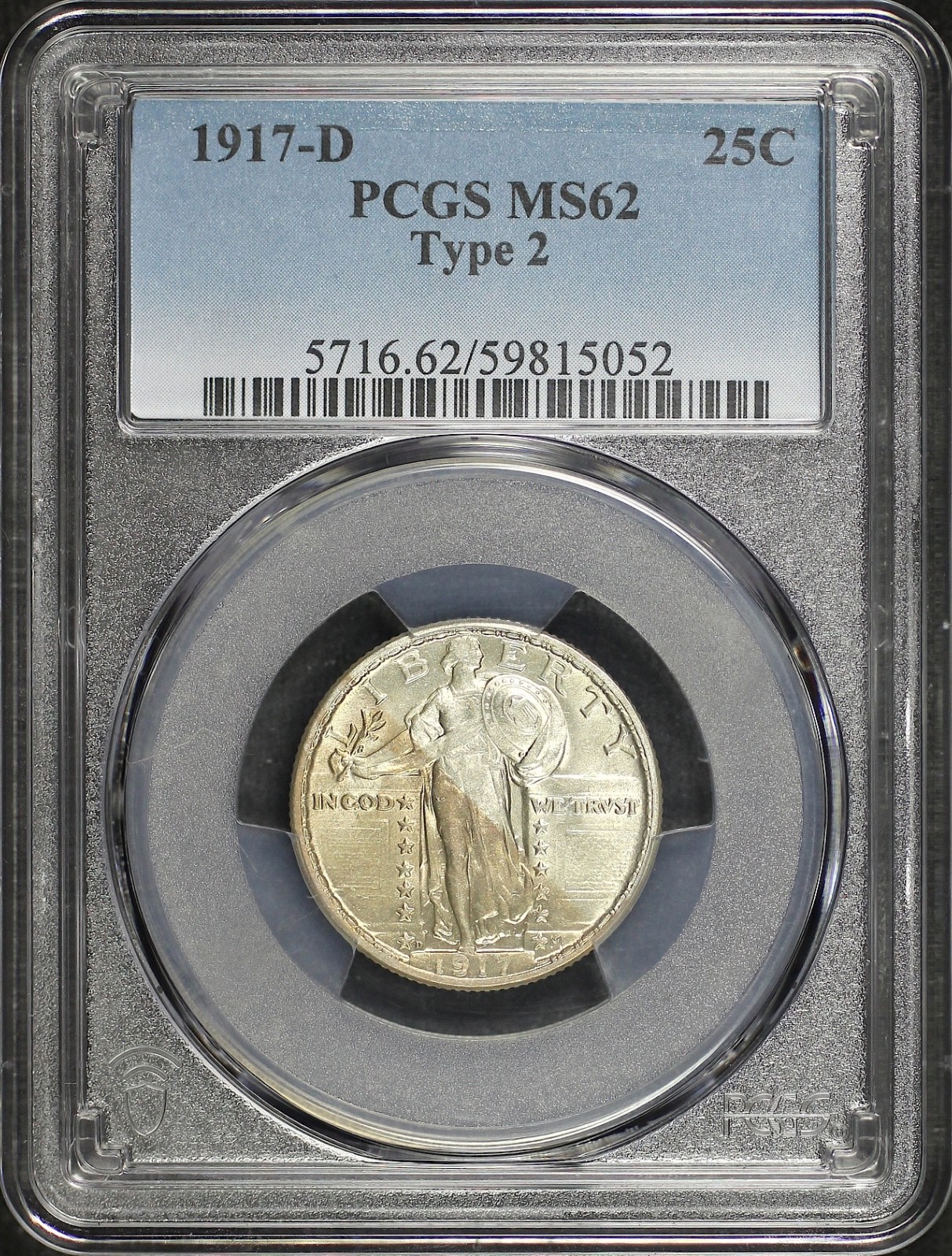 1917-D Type 2 Standing Liberty Quarter, Nice Toning, Lustrous Original PCGS MS62 1917-D Type 2 Standing Liberty Quarter, Nice Toning, Lustrous Original PCGS MS62