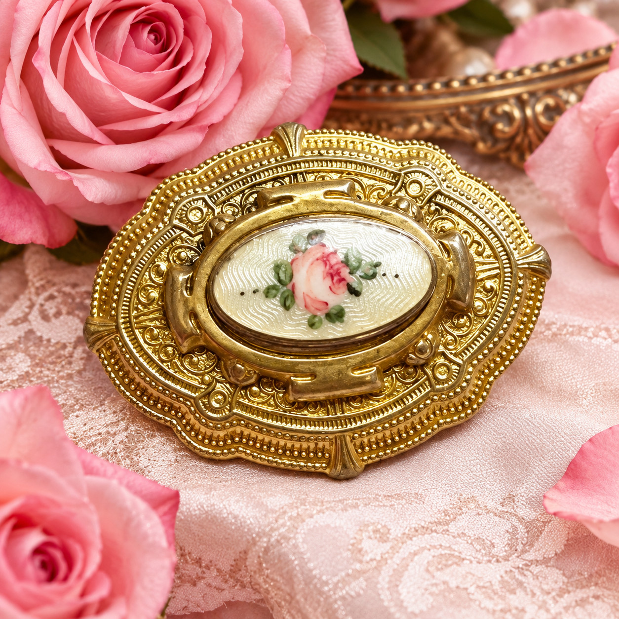 1930s Antique Victorian French Brooch Gold Medallion w Guilloche Roses