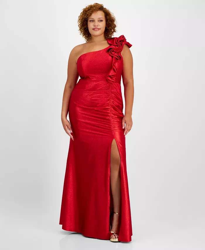 Emerald Sundae Trendy Plus Size Ruffle-Shoulder Gown Junior\'s 14 Red Back Zip