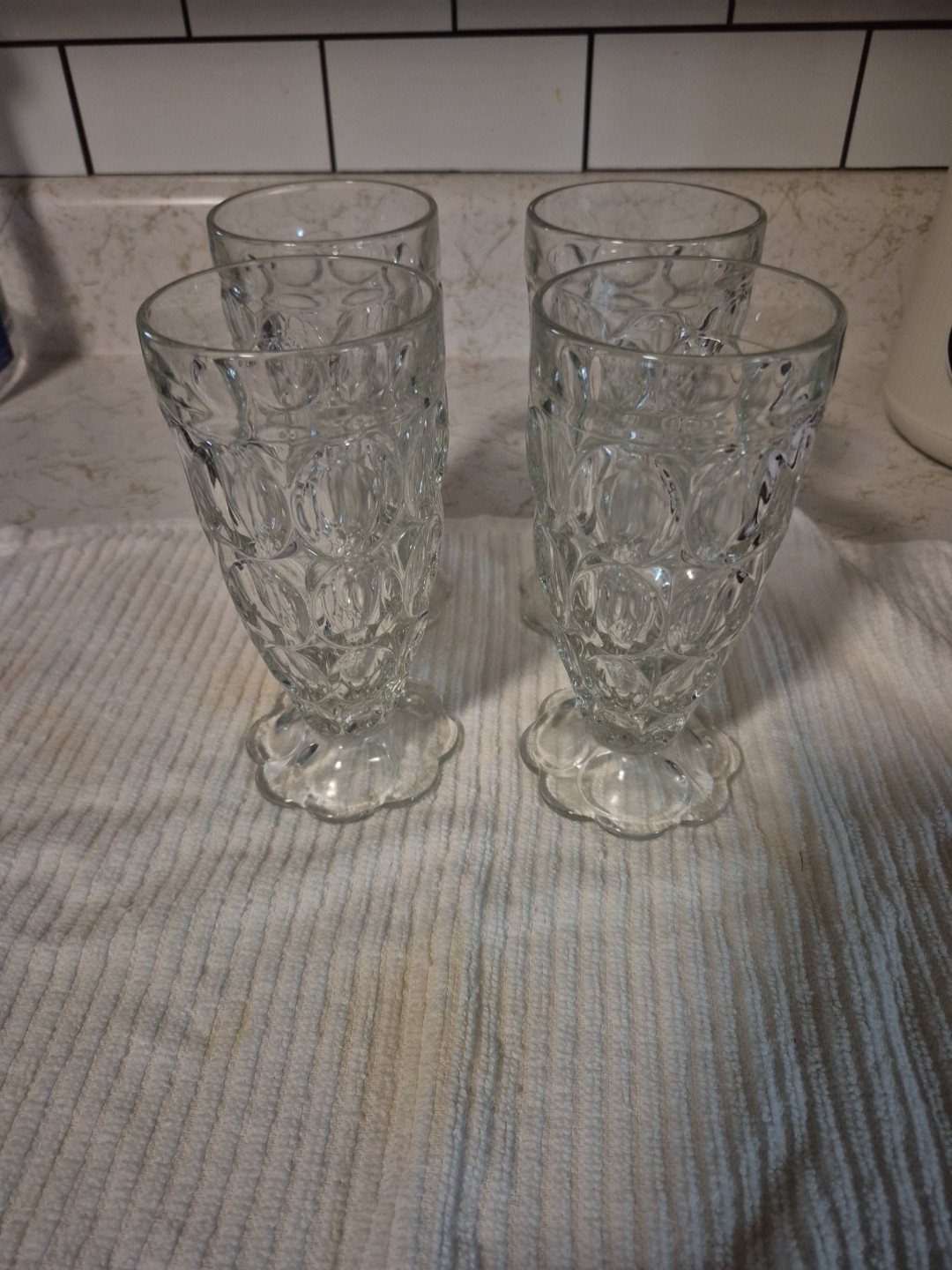 1930s Jeanette Glass Thumbprint Footed Ice Tea Tumblers Set Of 4 1930s Jeanette Glass Thumbprint Footed Ice Tea Tumblers Set Of 4