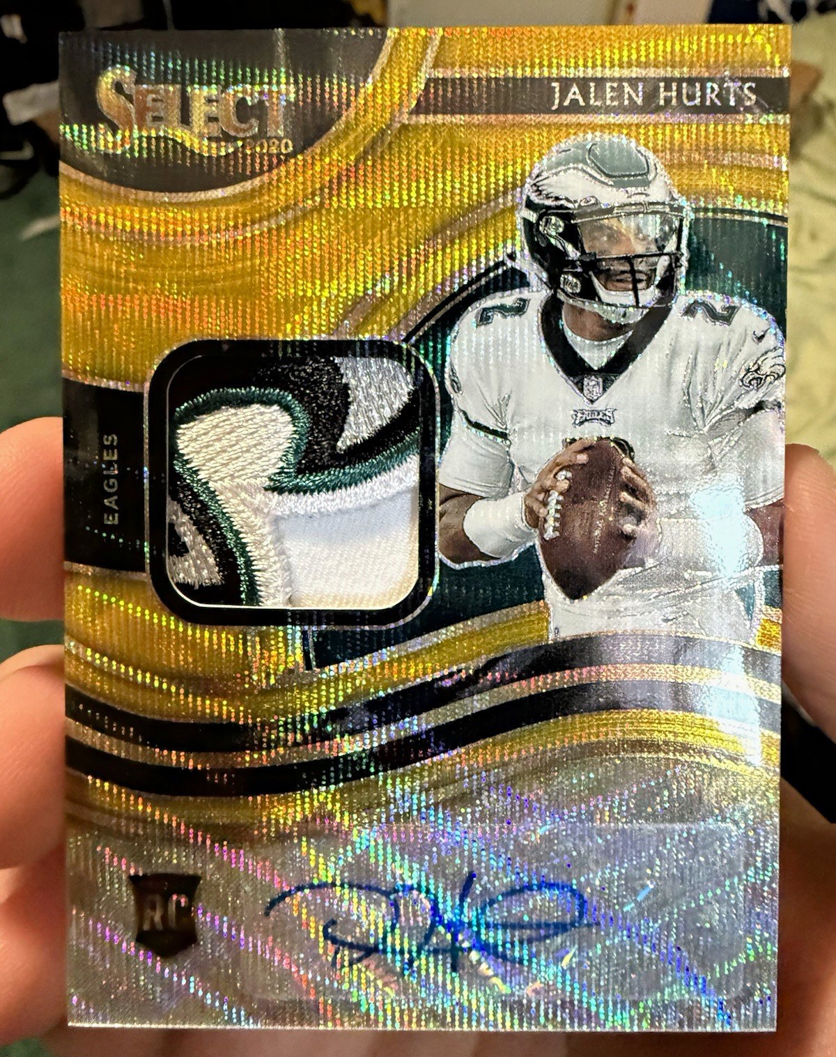 2020 Panini Select Prizm Jalen Hurts Rookie Patch Auto Rpa Gold Wave SSP 2020 Panini Select Prizm Jalen Hurts Rookie Patch Auto Rpa Gold Wave SSP