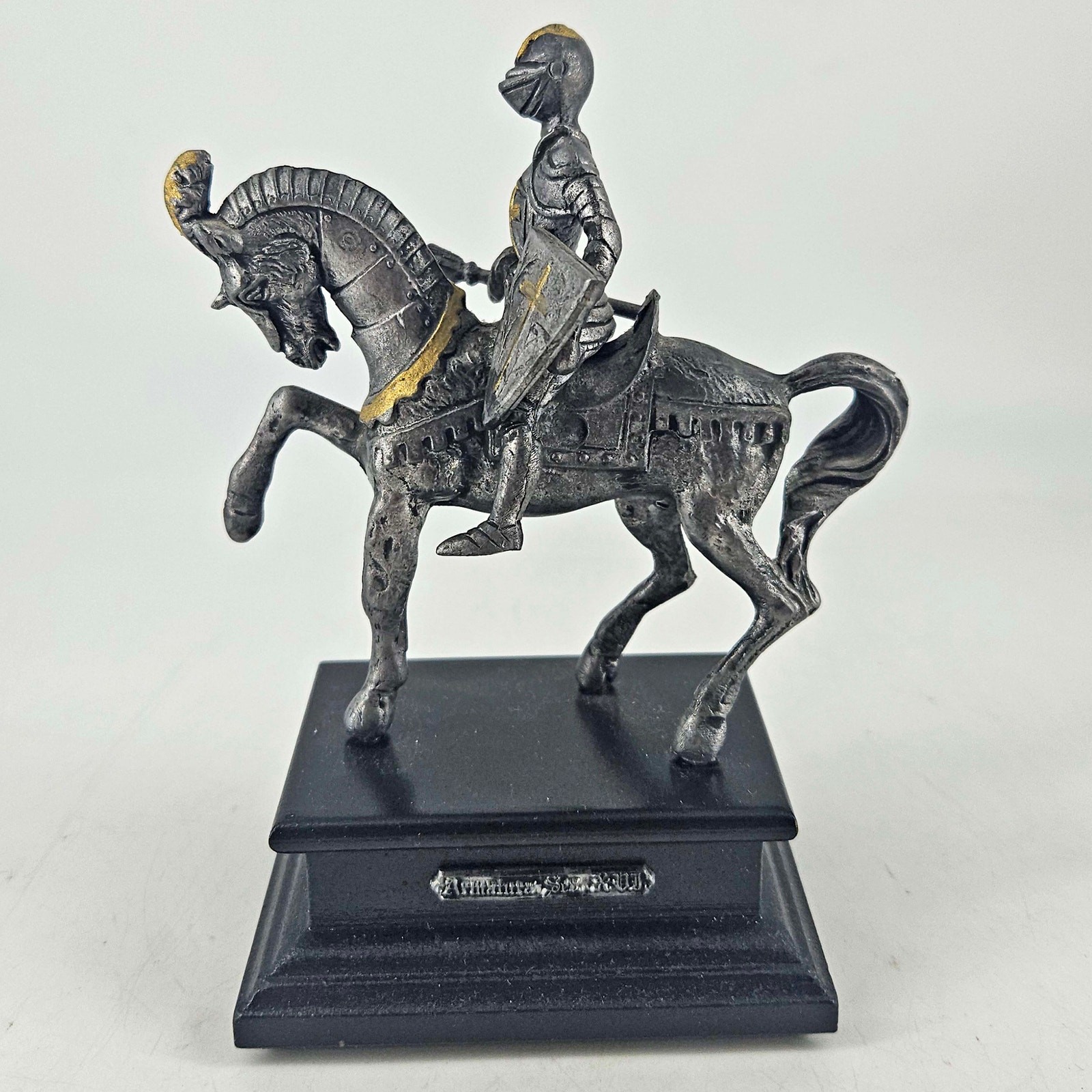 Vintage Pewter medieval knight on horseback figurine on wood base Made in Italy Vintage Pewter medieval knight on horseback figurine on wood base Made in Italy