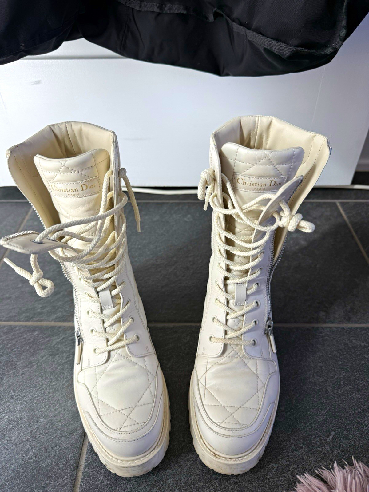 Christian Dior Women’s White Quilted Leather Mid-Calf Combat Boots 7.5 Christian Dior Women’s White Quilted Leather Mid-Calf Combat Boots 7.5