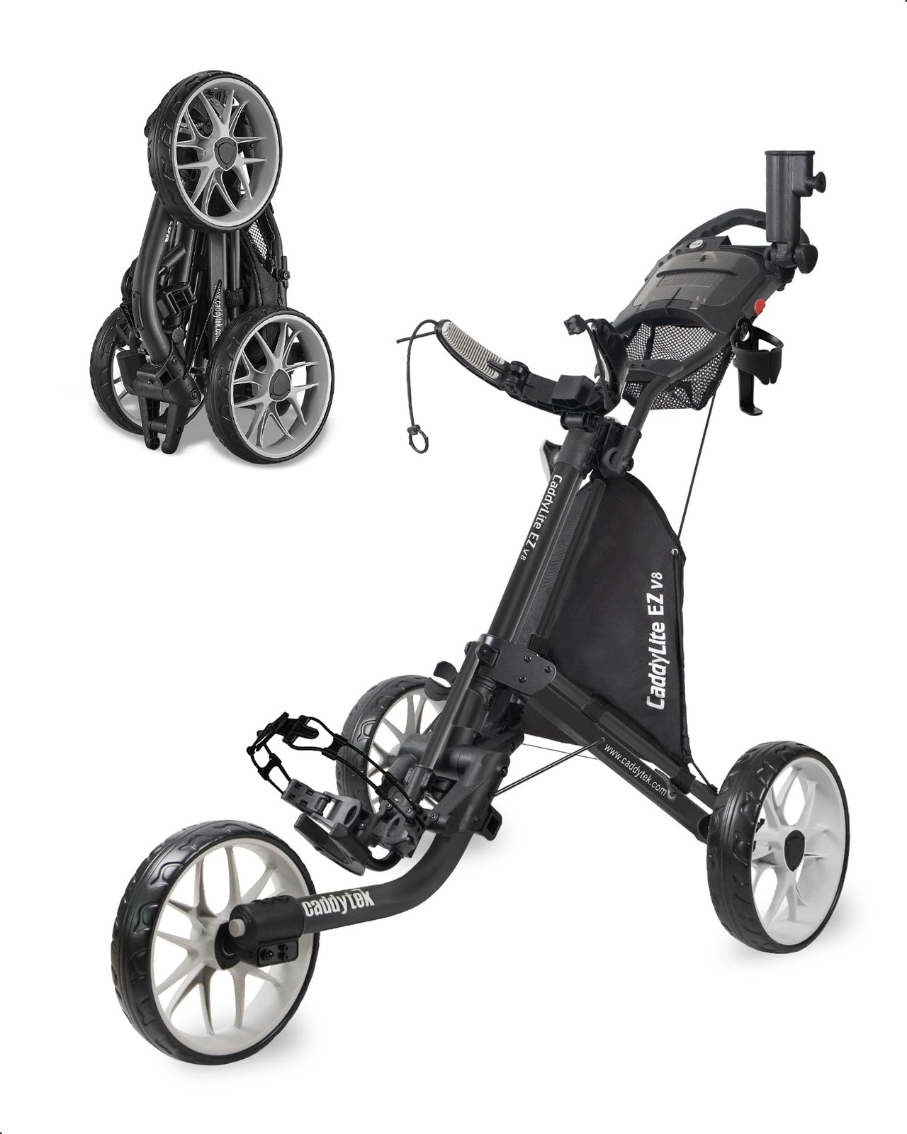 CaddyTek EZ V8 3-Wheel Golf Push Cart | Patented 1-Click One Size, Dark Grey
