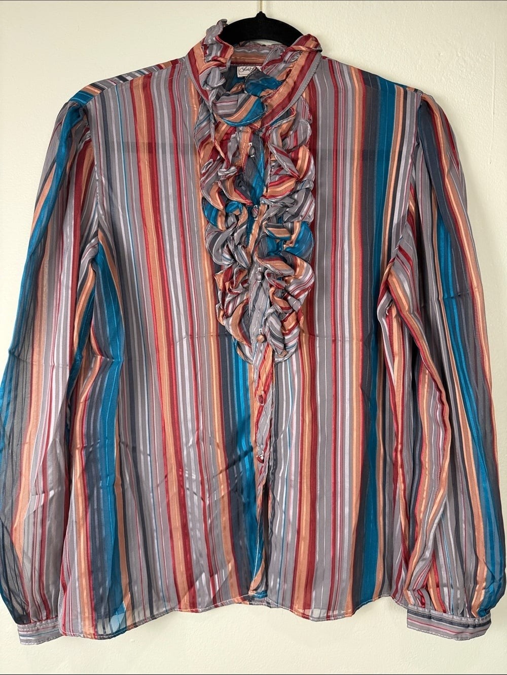 ✨ Vintage Saks Fifth Avenue Ruffle Stripe Blouse Sheer 100% Polyester Size 12