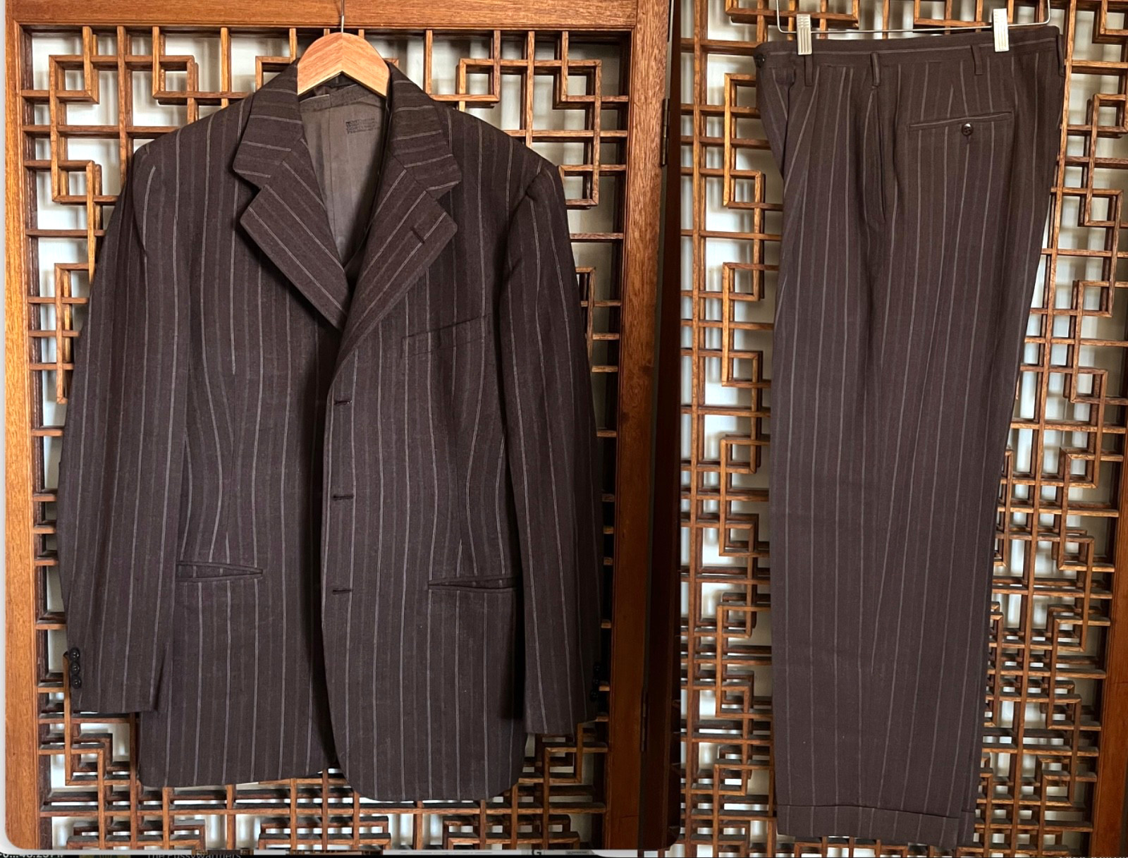Vtg 1930s 1940s Suit 38 Jacket 29.5x28.5 Pants Pinstripe Suspender Buttons Cuffs