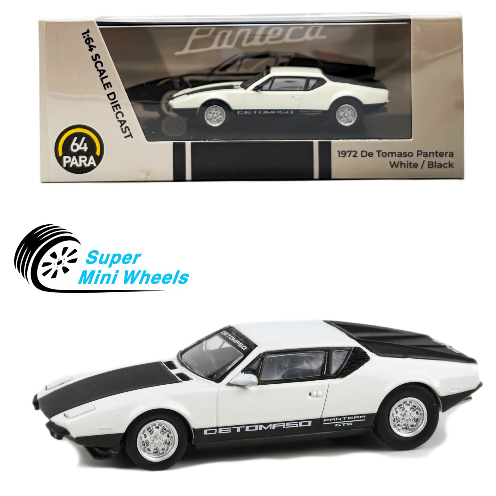 PARA64 1972 De Tomaso Pantera – White / Black 1:64 PARA64 1972 De Tomaso Pantera – White / Black 1:64