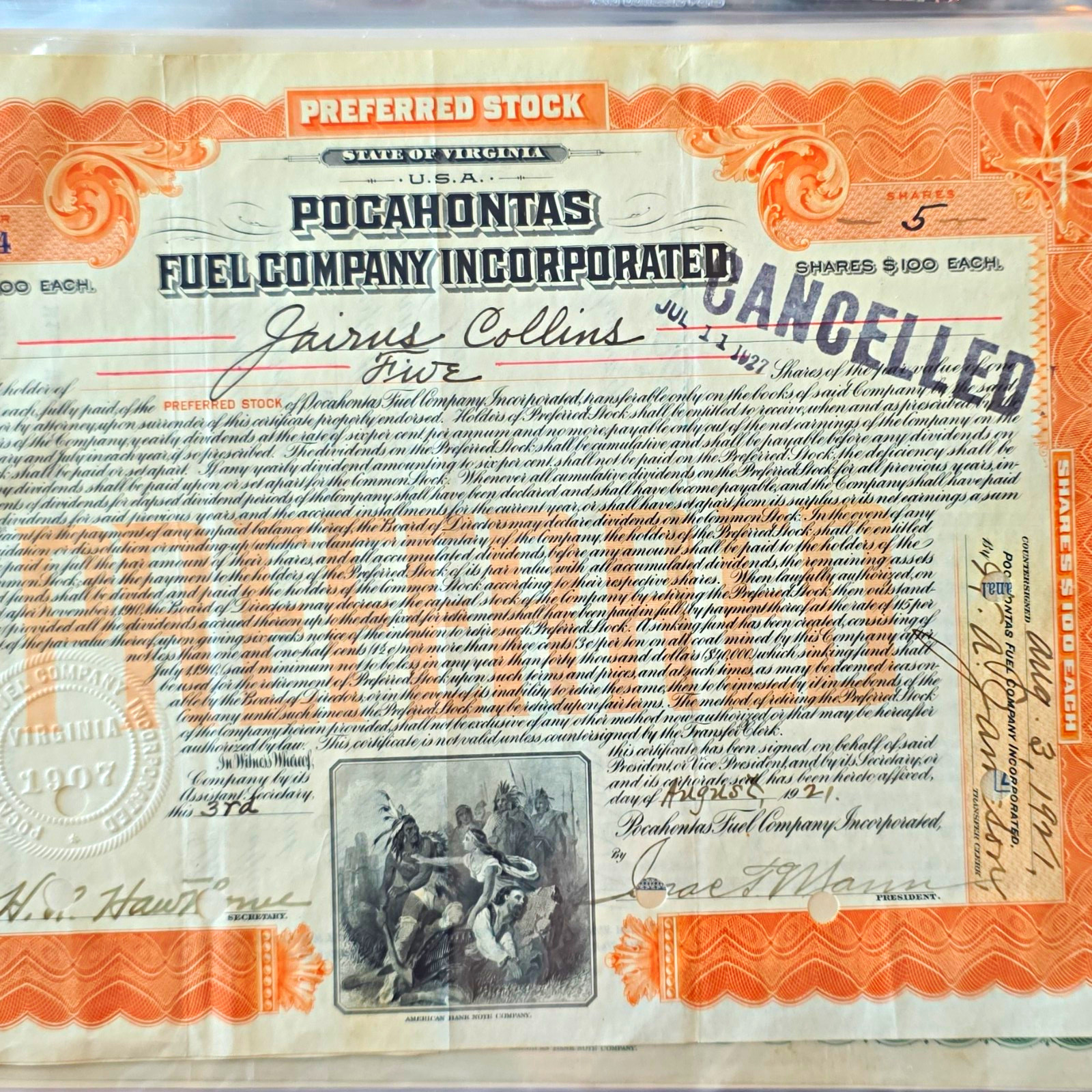 1907 Pocahontas Fuel Company stock cert-original- rare 1907 Pocahontas Fuel Company stock cert-original- rare
