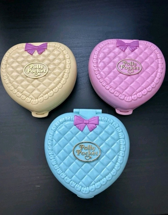 Polly Pocket Vintage Heart Shaped 3 Playset Lot Pink Blue Cream Includes Figures