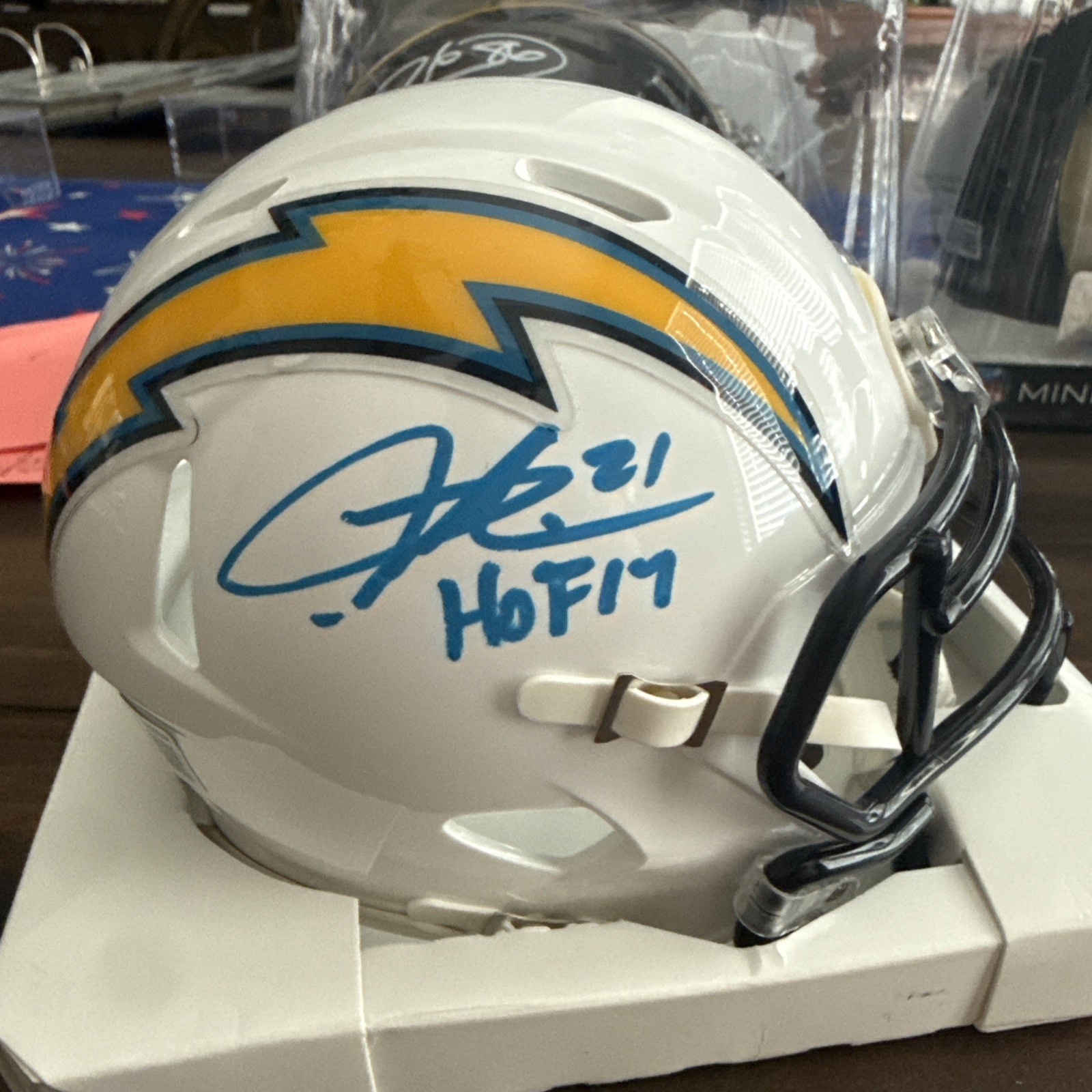 LaDanian Tomlinson signed Chargers mini helmet HOF inscription Beckett Witnessed LaDanian Tomlinson signed Chargers mini helmet HOF inscription Beckett Witnessed