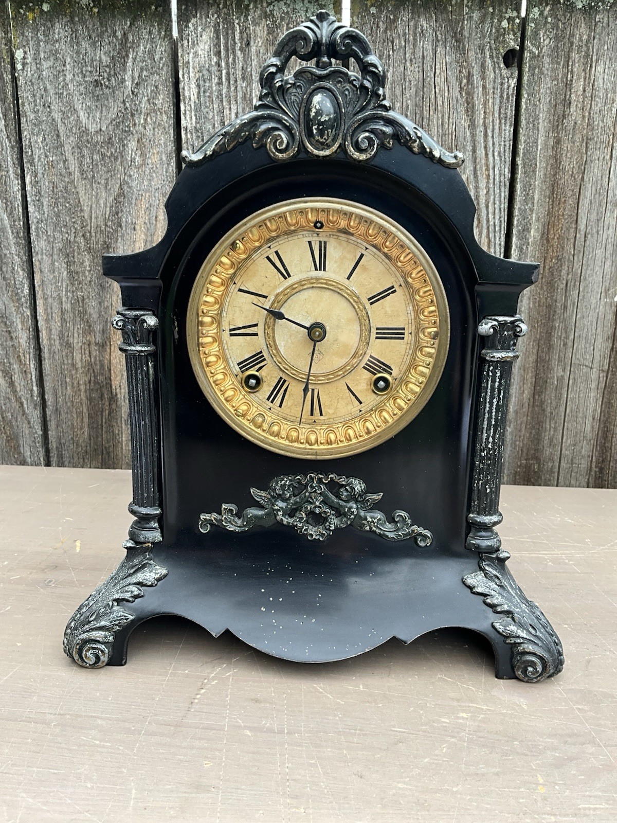 Antique Ornate Unusual Ansonia Black Mantel Clock Antique Ornate Unusual Ansonia Black Mantel Clock