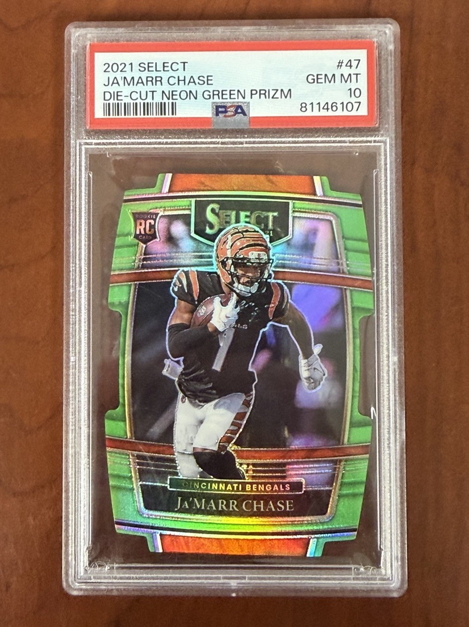 2021 Panini Select Ja\'Marr Chase #47 Neon Green Prizm Die-Cut /349 (RC) PSA 10 2021 Panini Select Ja\'Marr Chase #47 Neon Green Prizm Die-Cut /349 (RC) PSA 10