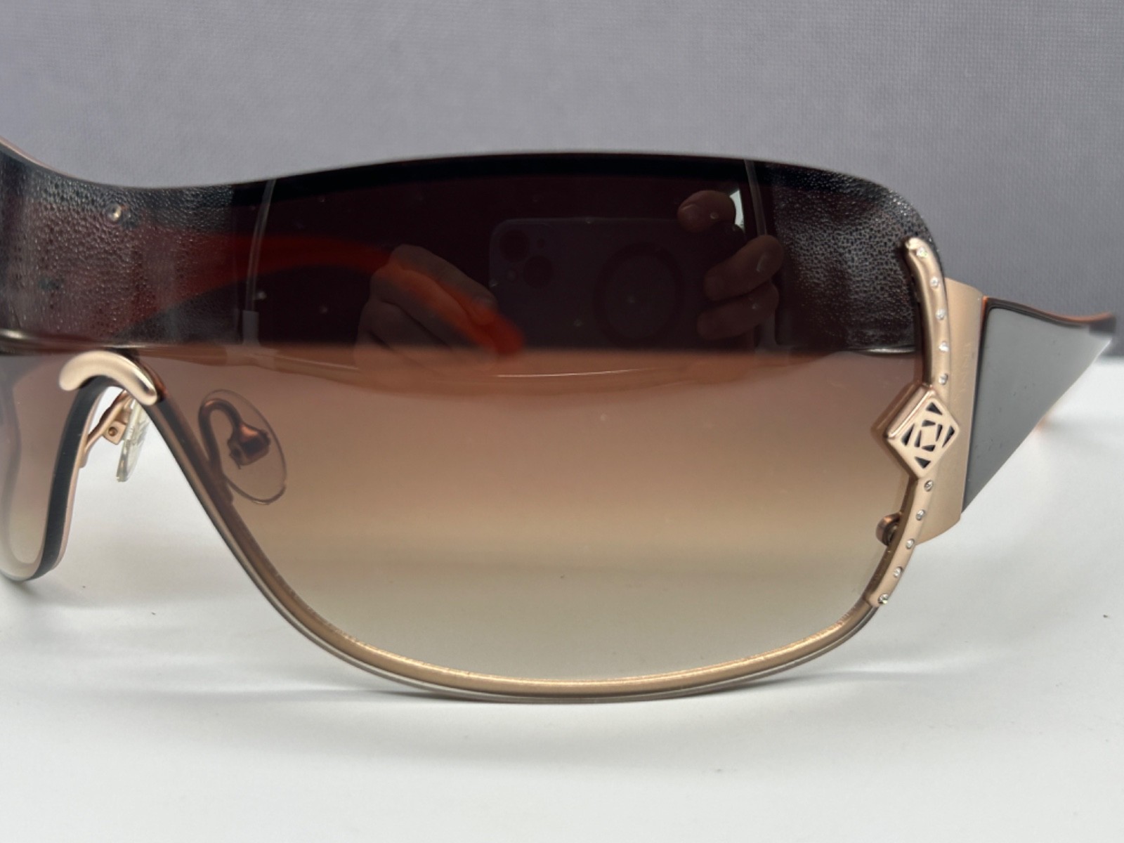 Enni Marco Sunglasses Women Y2K Gold Brown Shield Large Rhinestones 097 NP: €299