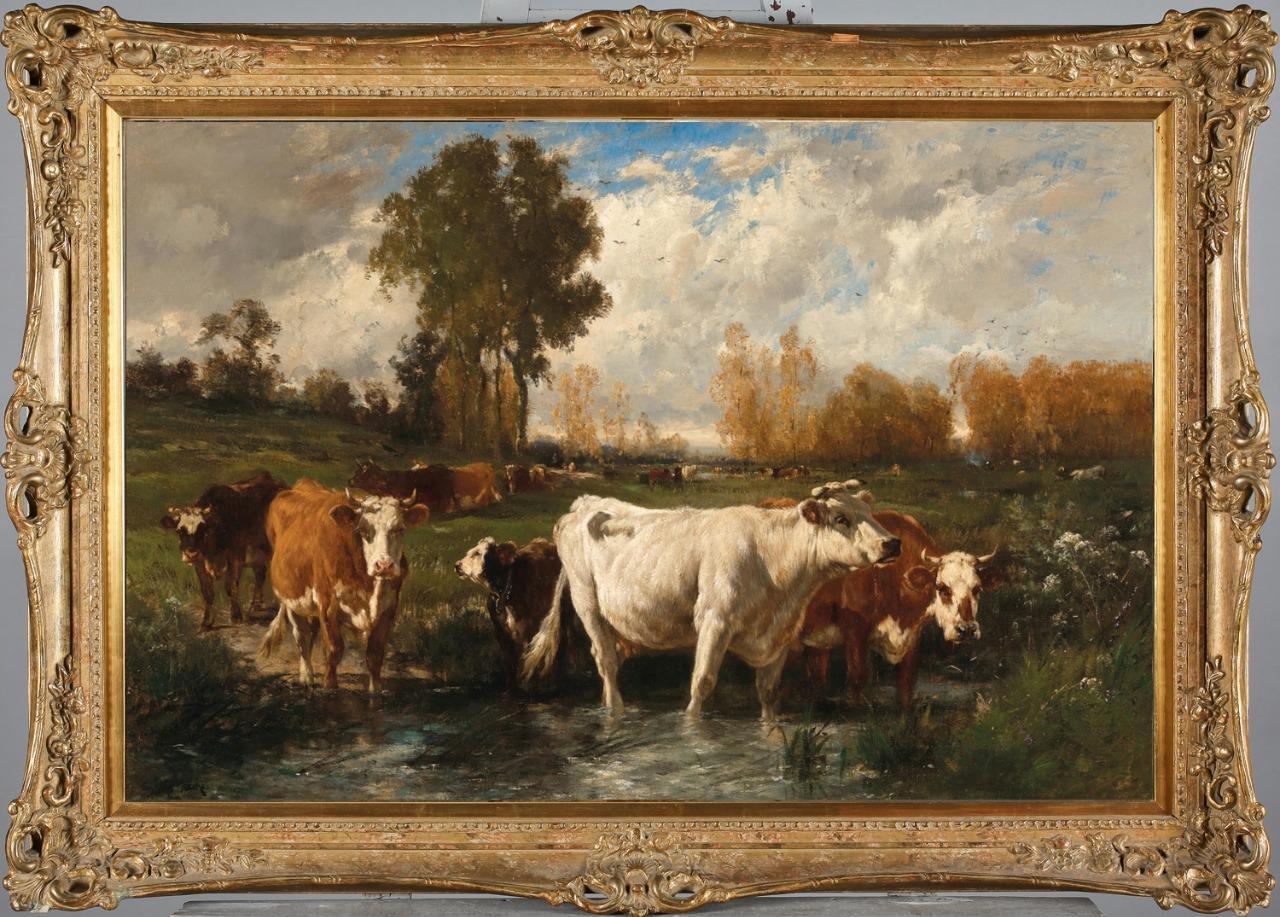 Handmade Old Master-Art Antique Oil Painting Animal Portrait cows on canvas