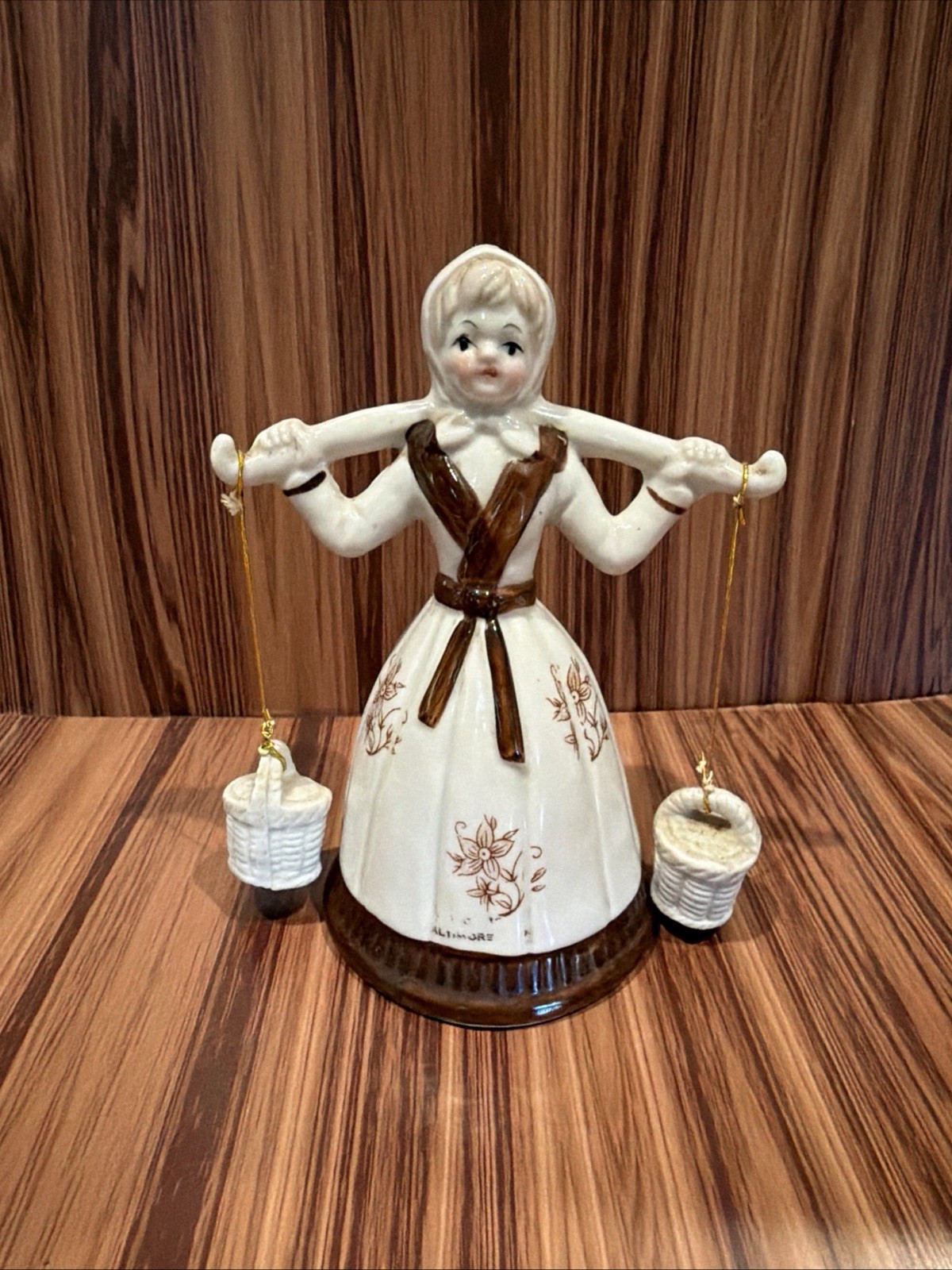 Vintage Lefton Taiwan Dutch Girl Figurine Carrying Hanging Baskets Ceramic 7”