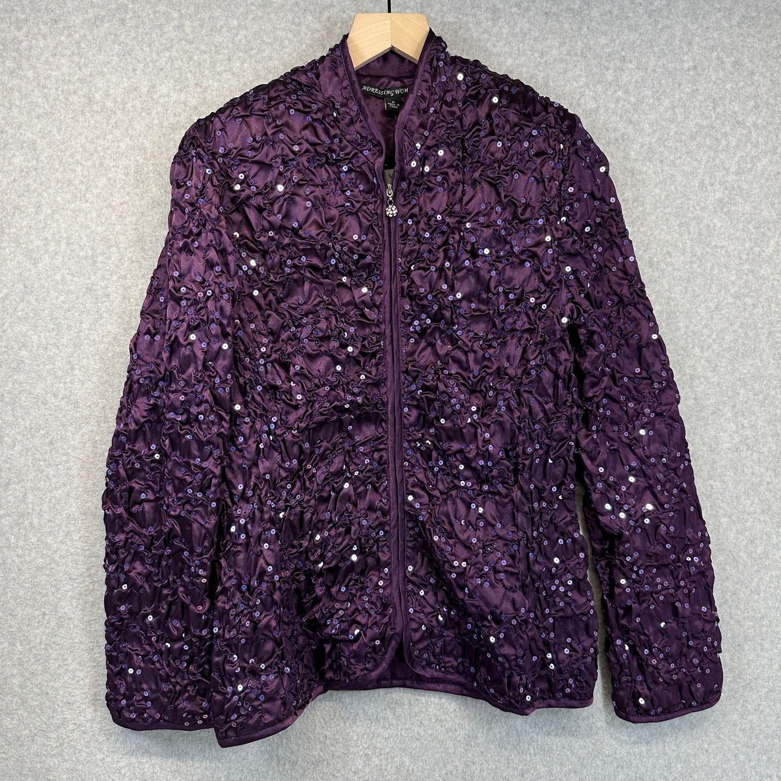 Adressing Jacket Womens Medium Purple Metal Silver Sequin Crinkle Embellished Adressing Jacket Womens Medium Purple Metal Silver Sequin Crinkle Embellished