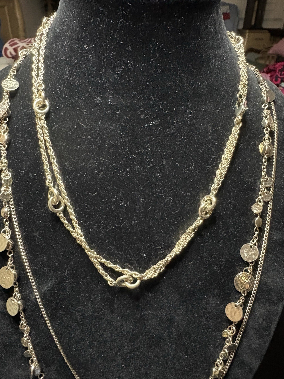 vintage jewelry signed lot, 3 Kmart golden long wrap around chains, NWT