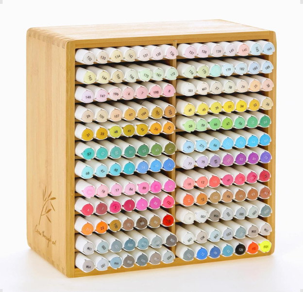 Ohuhu Bamboo Marker Organizer, Wooden Desktop Hold 126 Markers, light brown 