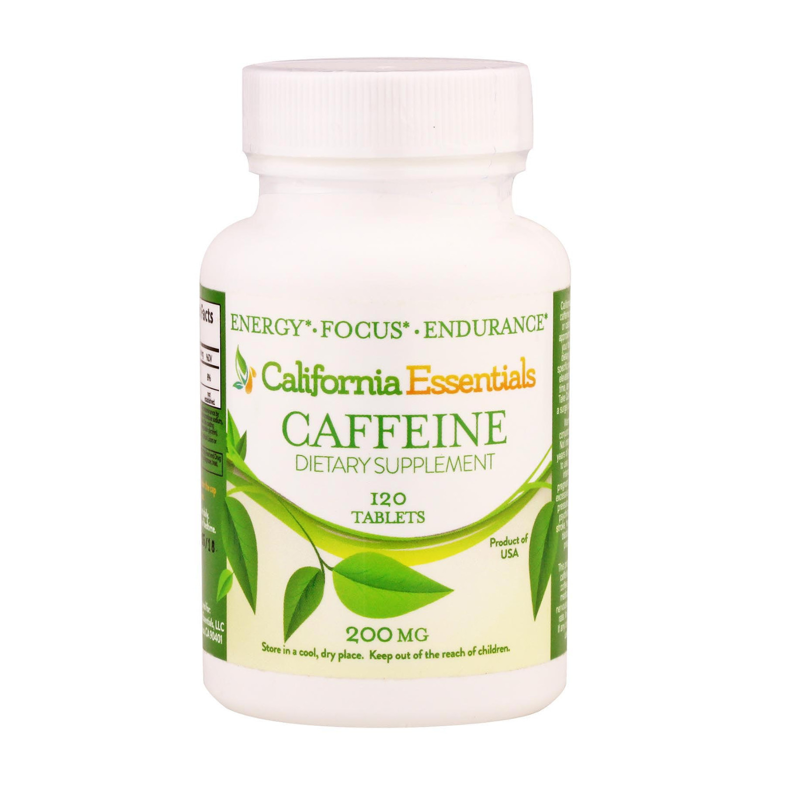 California Essentials Caffeine 200mg Tablets Energy Supplement 120 Ct Vegan USA