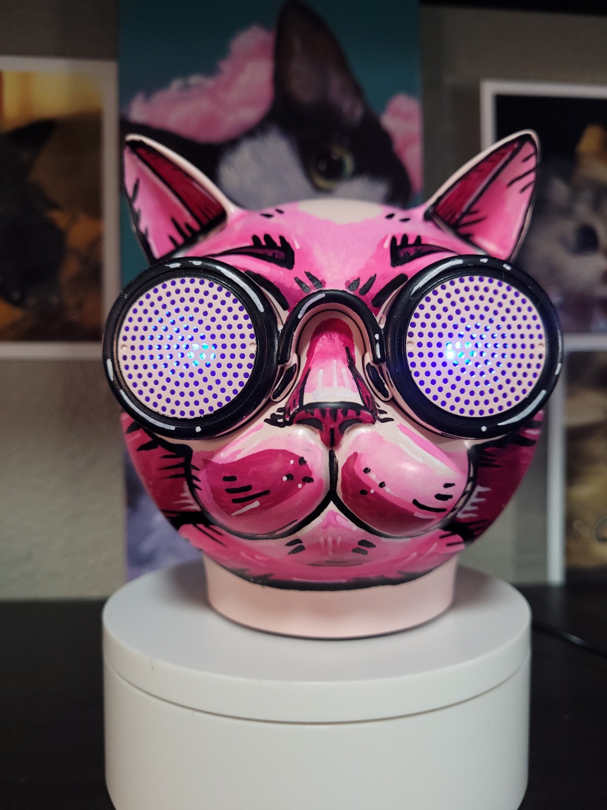 Hand Painted OOAK Pink Cat Head Mini Portable Bluetooth Speaker with Light eyes Hand Painted OOAK Pink Cat Head Mini Portable Bluetooth Speaker with Light eyes