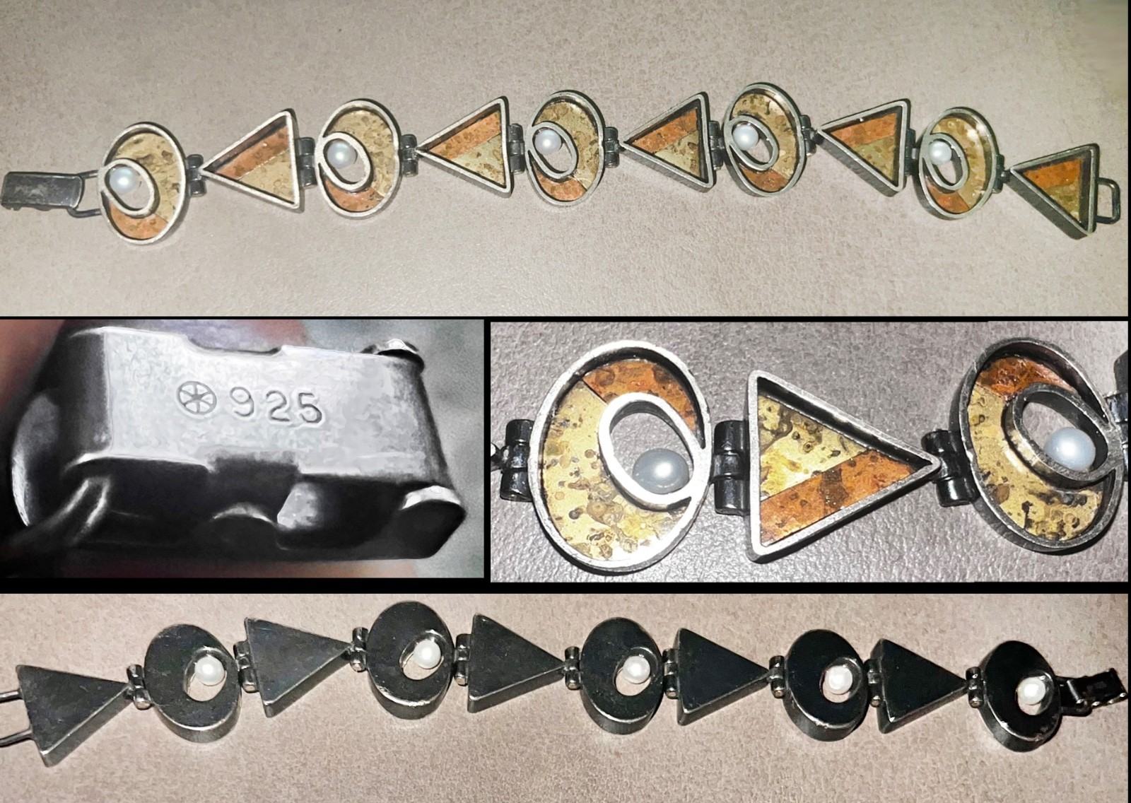 RARE GERMANY 925 STERLING MODERNIST MCM MIXED METAL PEARL LINK BRACELET