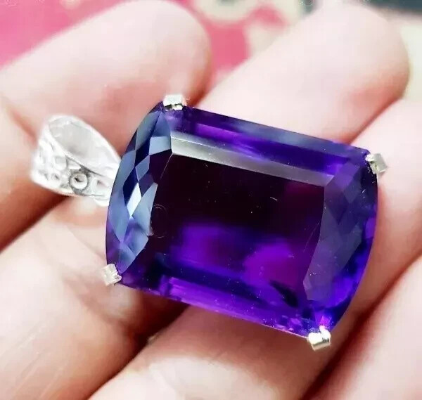 45 Ct+ Natural Purple Amethyst Pendant 925 Solid Silver Solitaire HG Gemstone