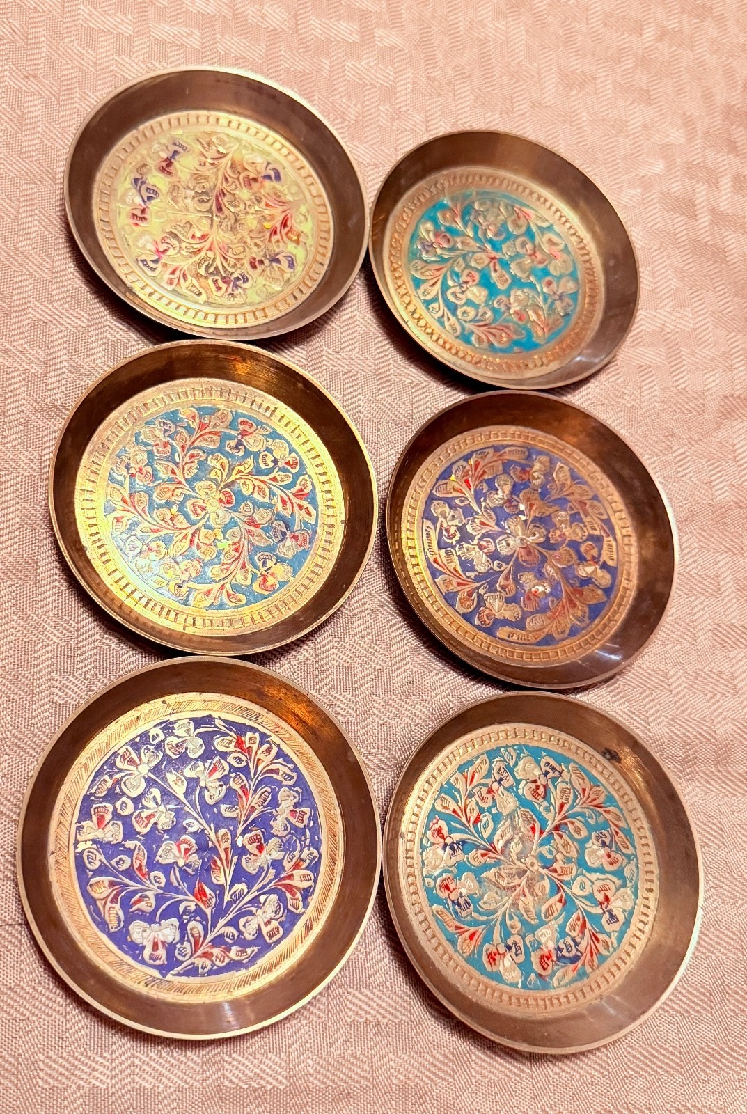 Vintage India Enameled Brass Floral Trinket Dishes Coasters Set of 6