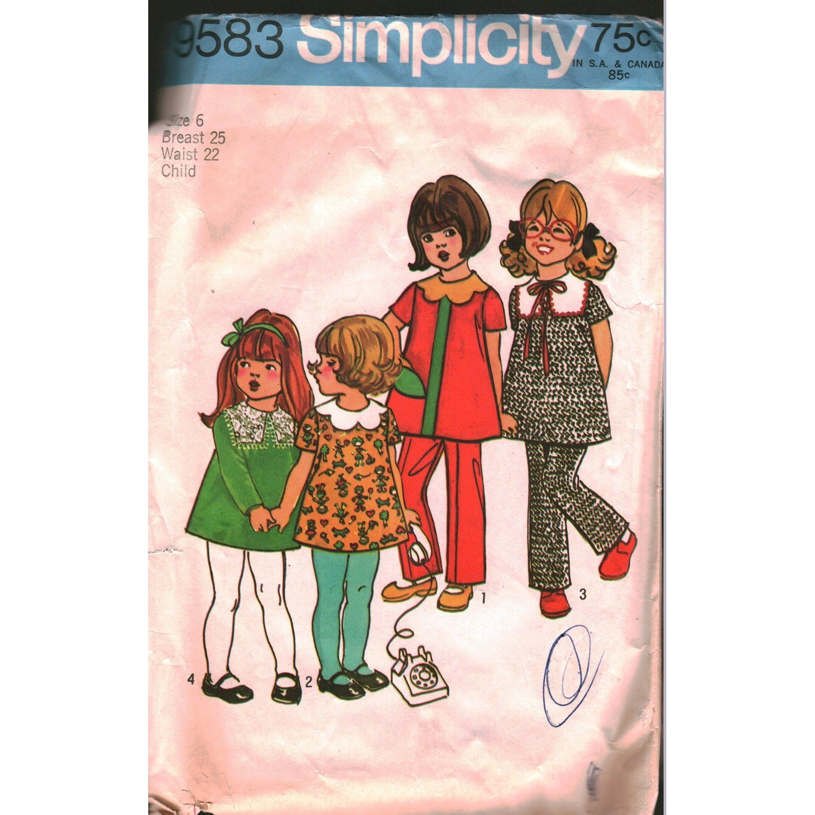 Simplicity 9583 Vintage 70s Kids Dress and Pants Sewing Pattern Size 6 Breast 25