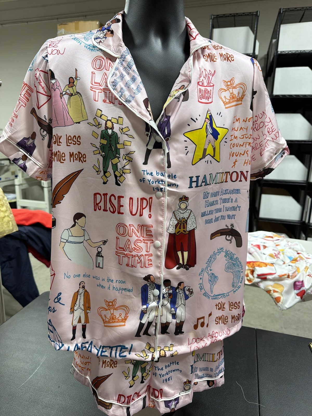Hamilton Musical Satin Pajama Set Women Pink Short Sleeve Shorts Broadway PJs
