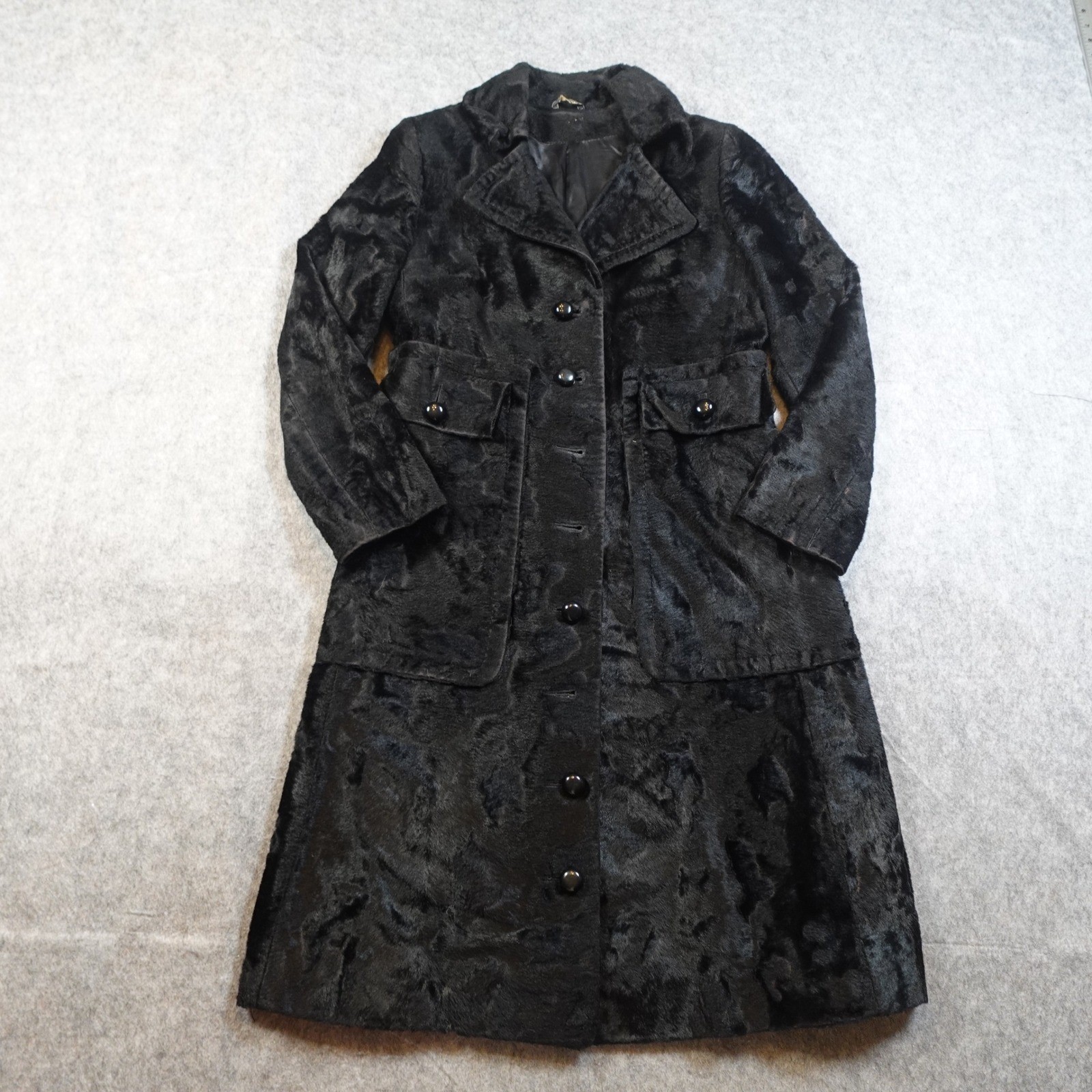 Genny Coat Womens Extra Small Black Vintage Faux Fur Long Button Front Designer