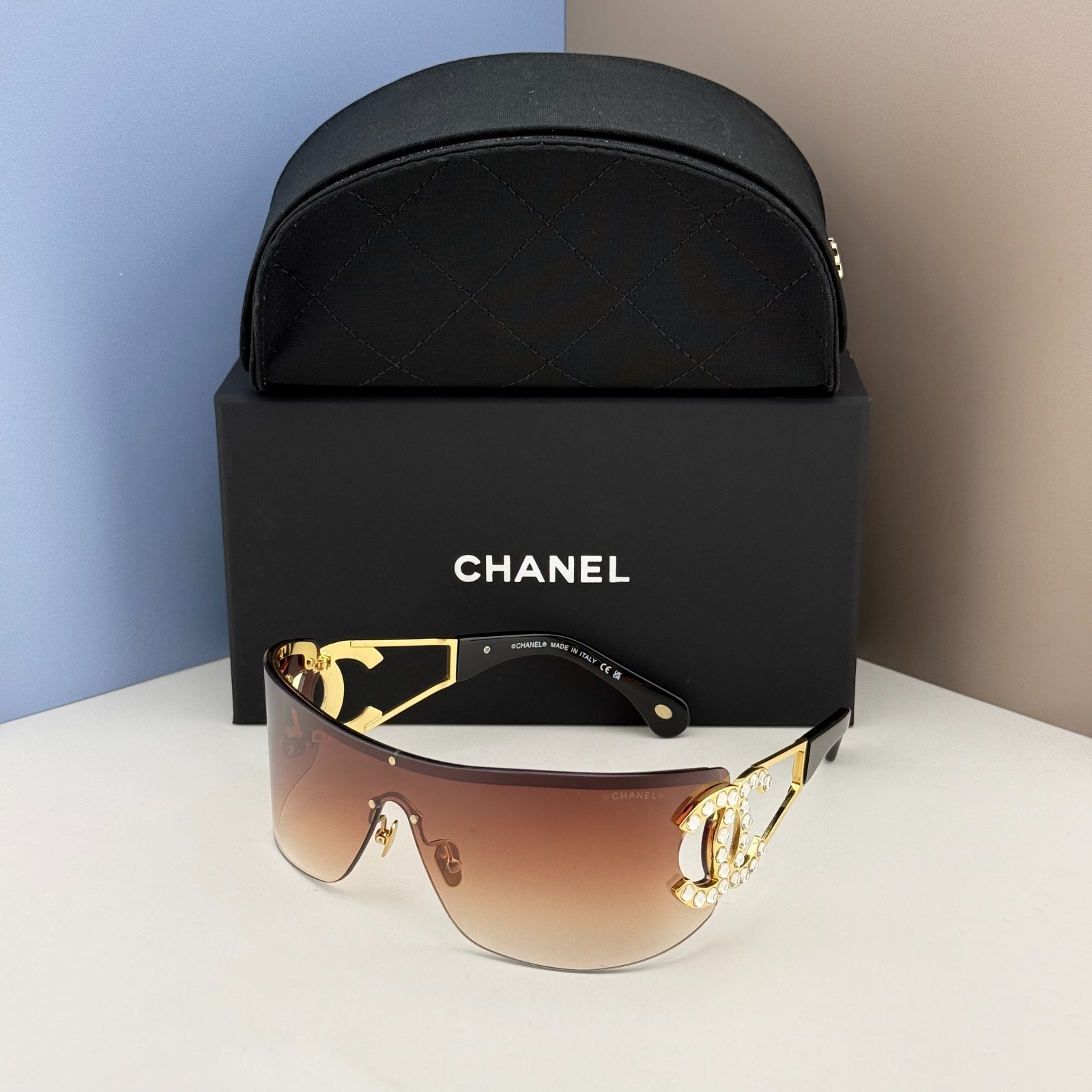 CHANEL CH9579B Shield Sunglasses Gold Frame Brown Gradient Lens Women 142-18-150