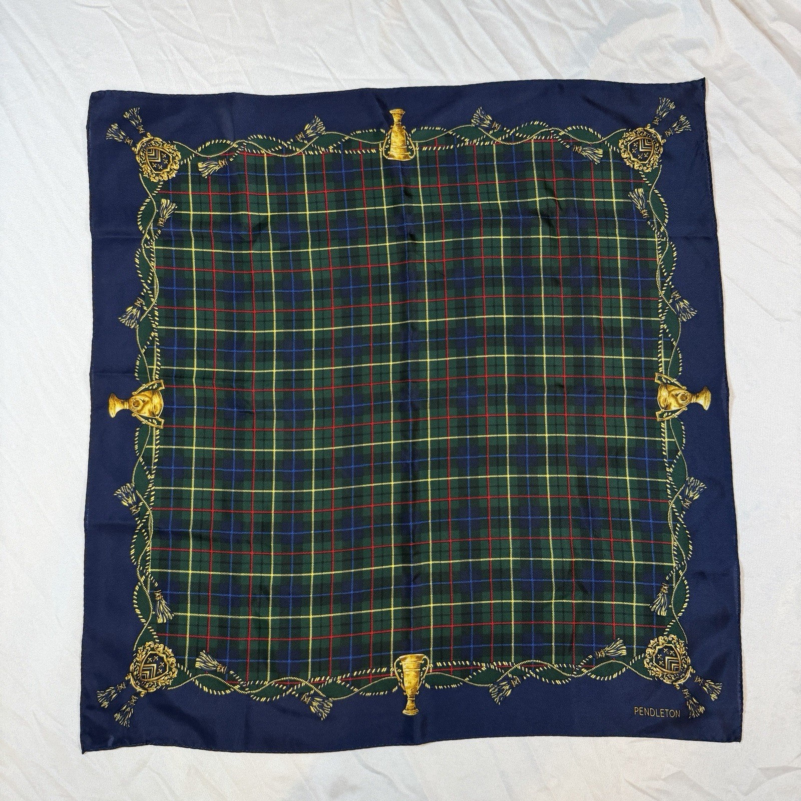 Vintage Pendleton Silk Scarf Blue Green Tartan Plaid W/ Trophy Equestrian Preppy Vintage Pendleton Silk Scarf Blue Green Tartan Plaid W/ Trophy Equestrian Preppy