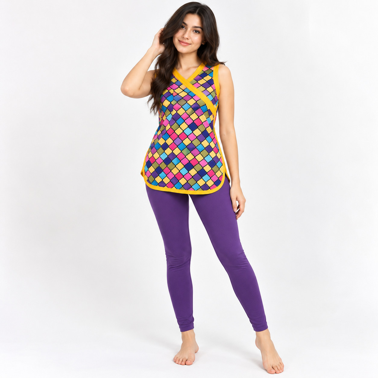 Womens 2 Piece Colorful Sleeveless Tunic & Purple Leggings Set S/M Small Medium