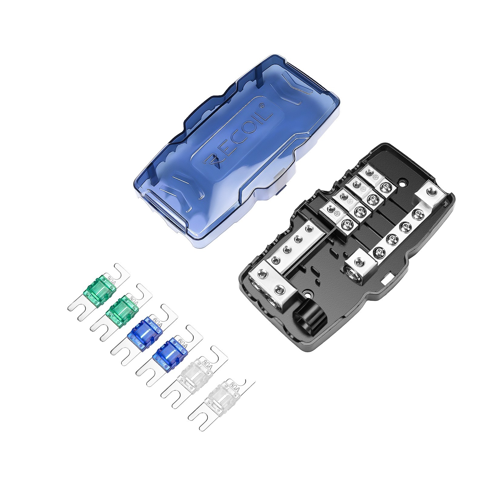 RECOIL ZMPG-4 4-Way Mini-ANL Fused Distribution Block with 4-Way Ground Block RECOIL ZMPG-4 4-Way Mini-ANL Fused Distribution Block with 4-Way Ground Block