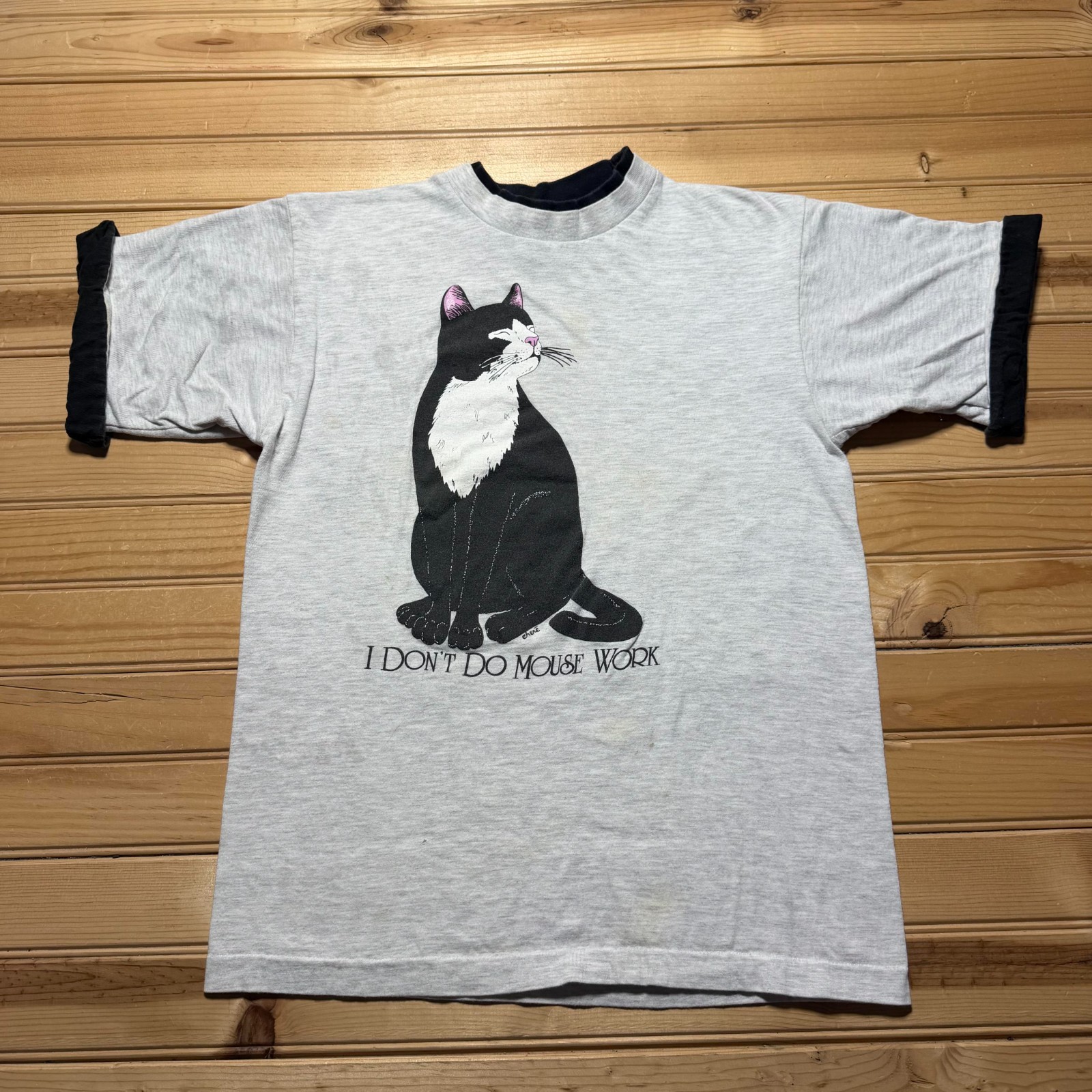 Vintage 90s I Don\'t Do Mouse Work Tuxedo Cat Graphic Ringer T-Shirt USA - Small